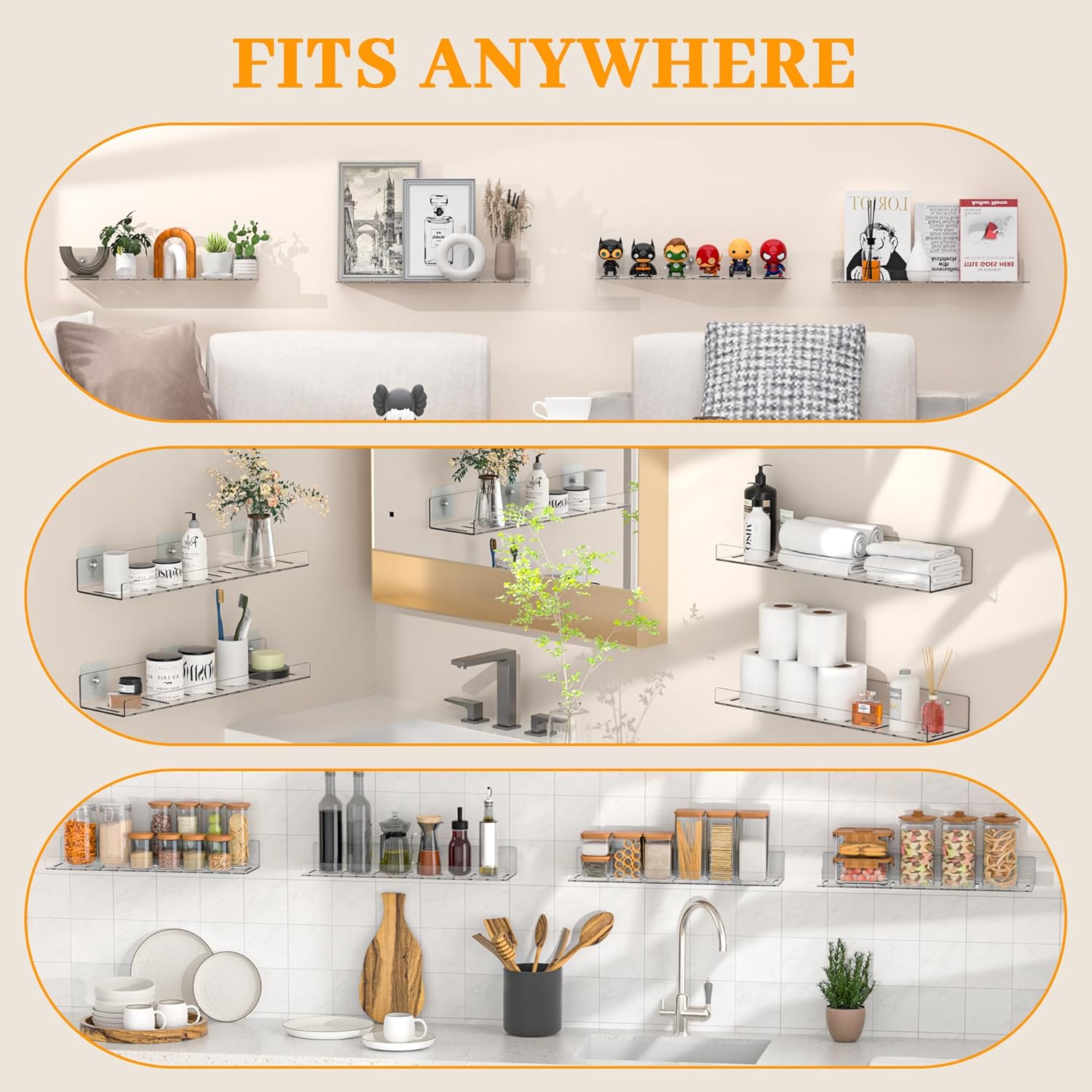 8 Pack Floating Shelves Clear Acrylic Wall Mount Storage Rack