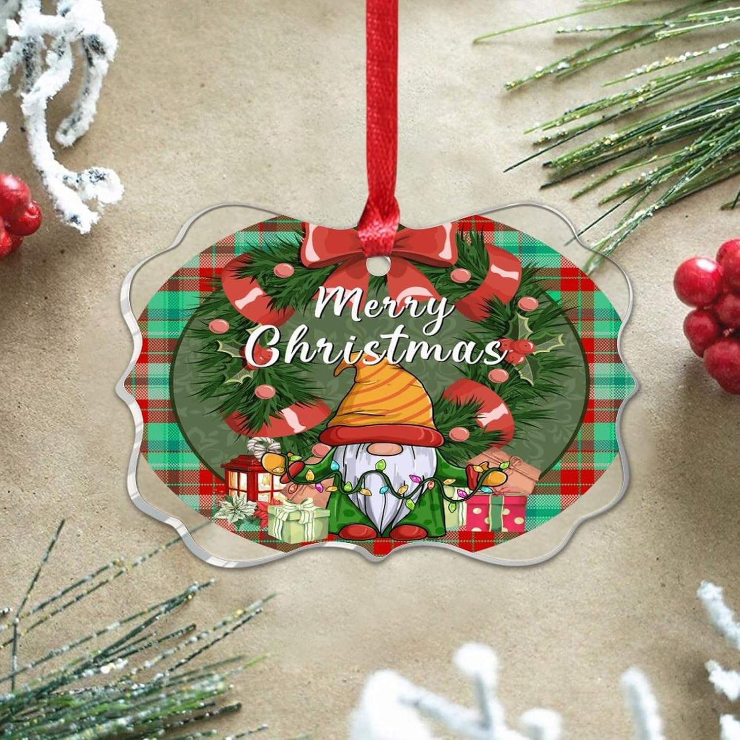 Acrylic Christmas Ornament Decor with Buffalo Plaid Gnome Design