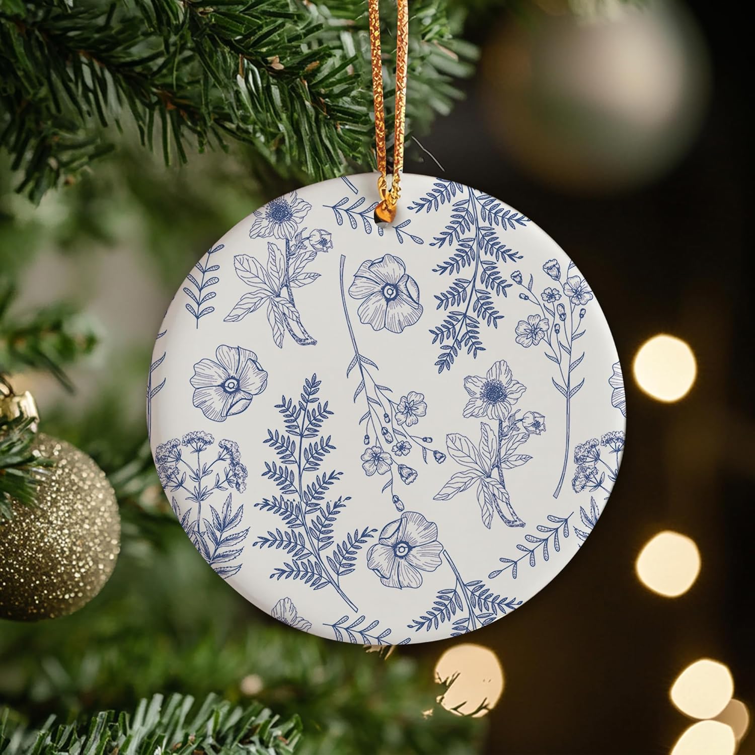 Blue Flowers Christmas Ornament - Chinoiserie Design Ceramic Decor