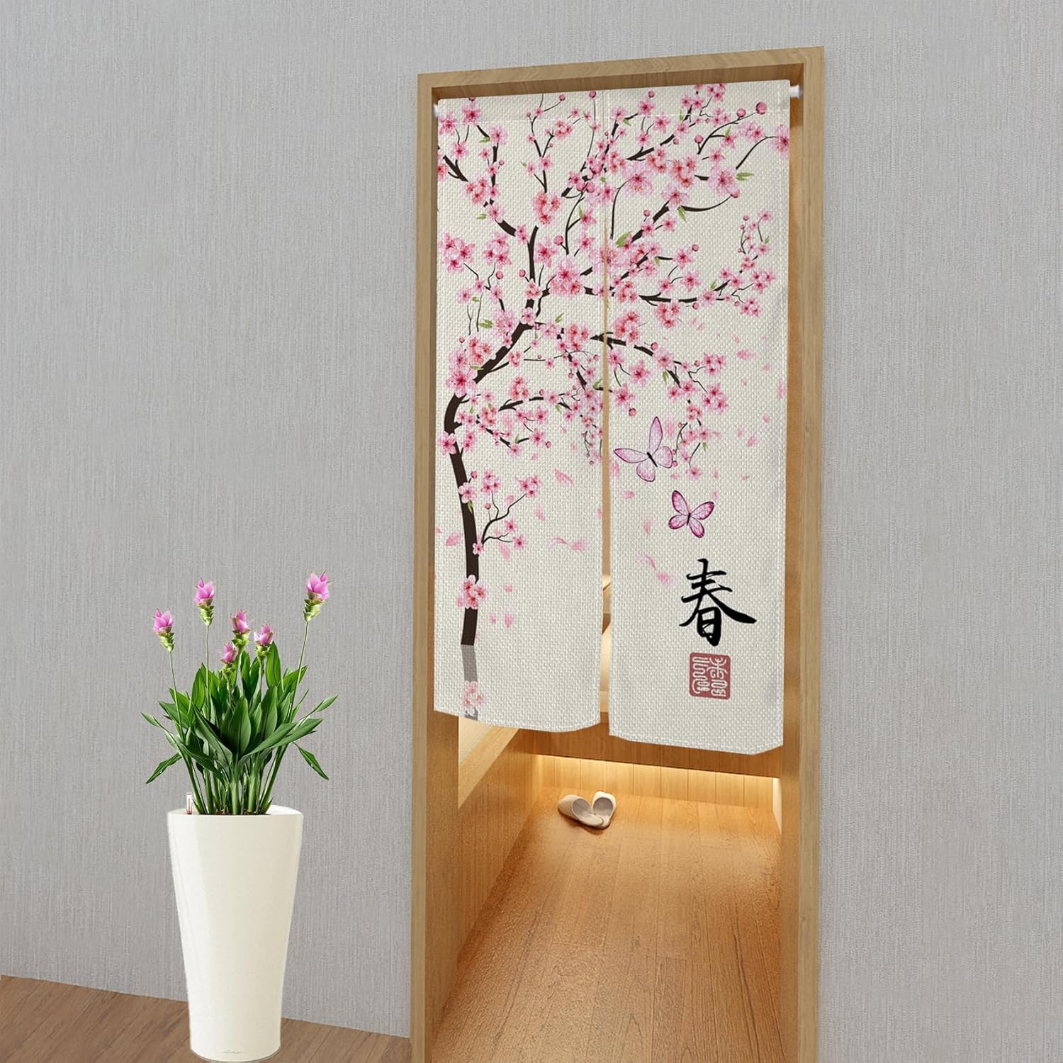 Leowefowa Japanese Noren Door Curtain Pink Cherry Blossom Design