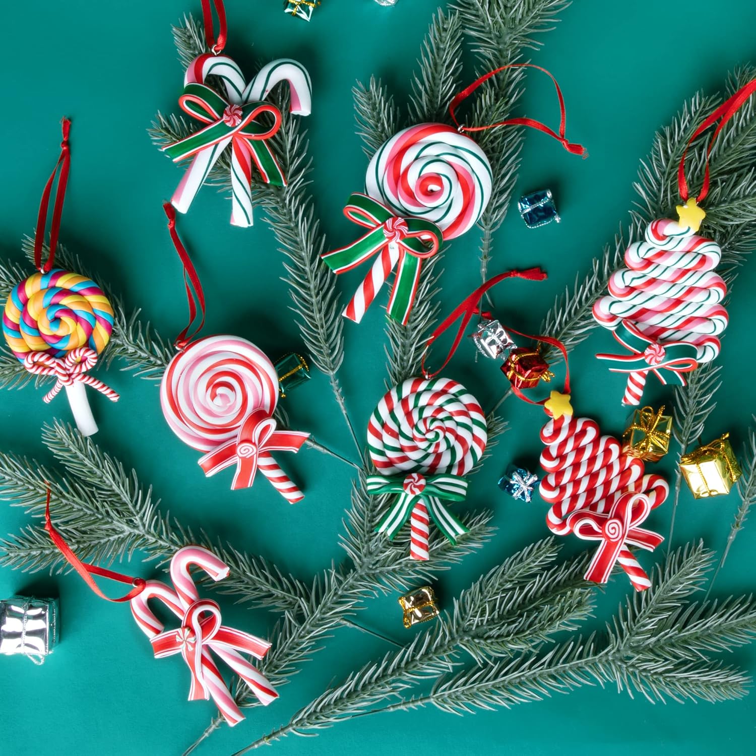 8 Piece Christmas Lollipop Ornament Set - Red Ribbon Hanging Decorations