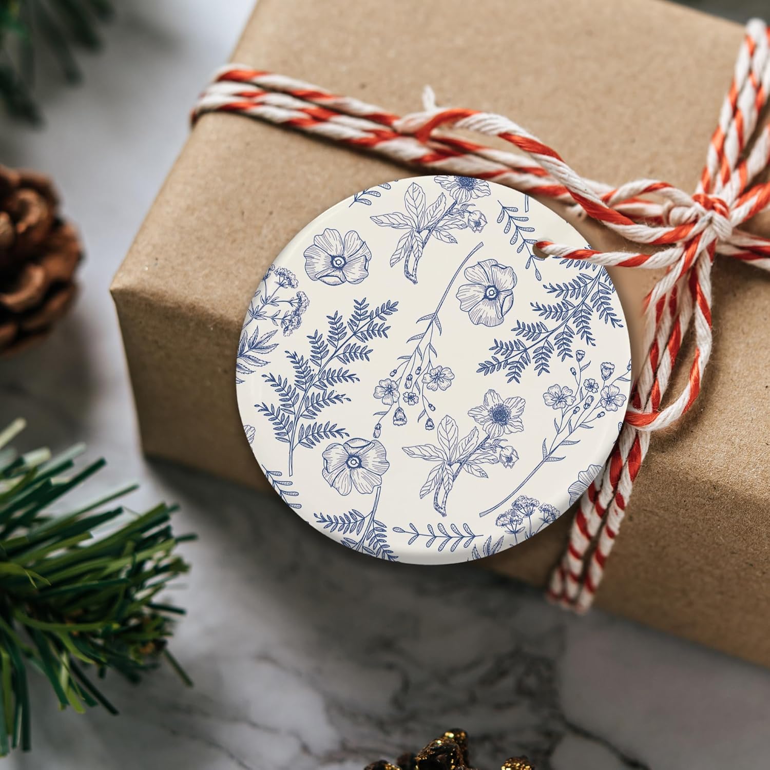 Blue Flowers Christmas Ornament - Chinoiserie Design Ceramic Decor