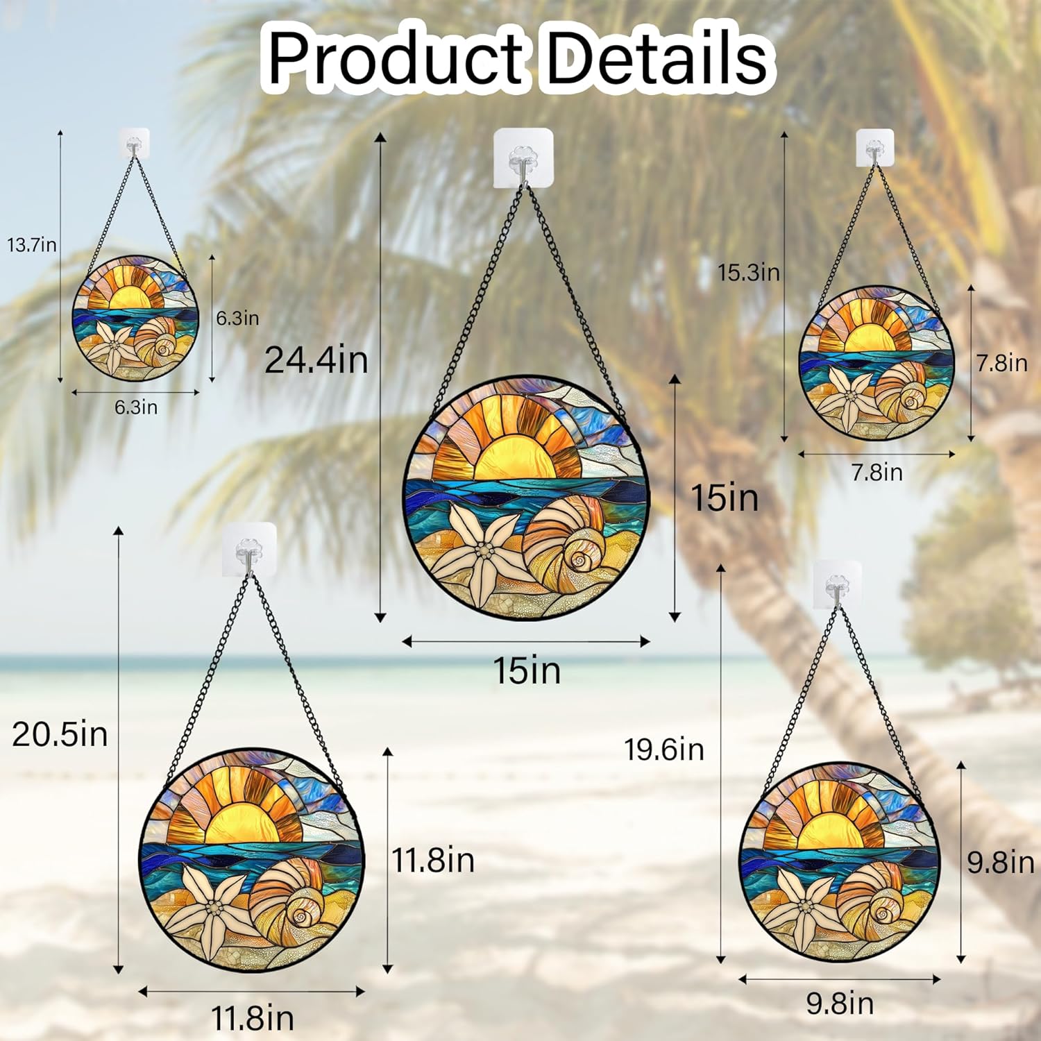 Stained Glass Window Hanging - Gold Sun Blue Sea Suncatcher 15 in