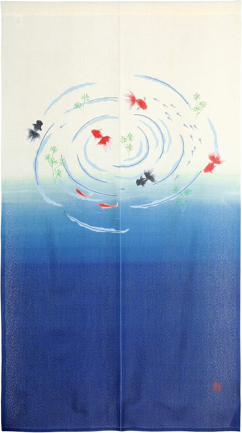 Japanese Noren Door Curtain with Golden Fish Design