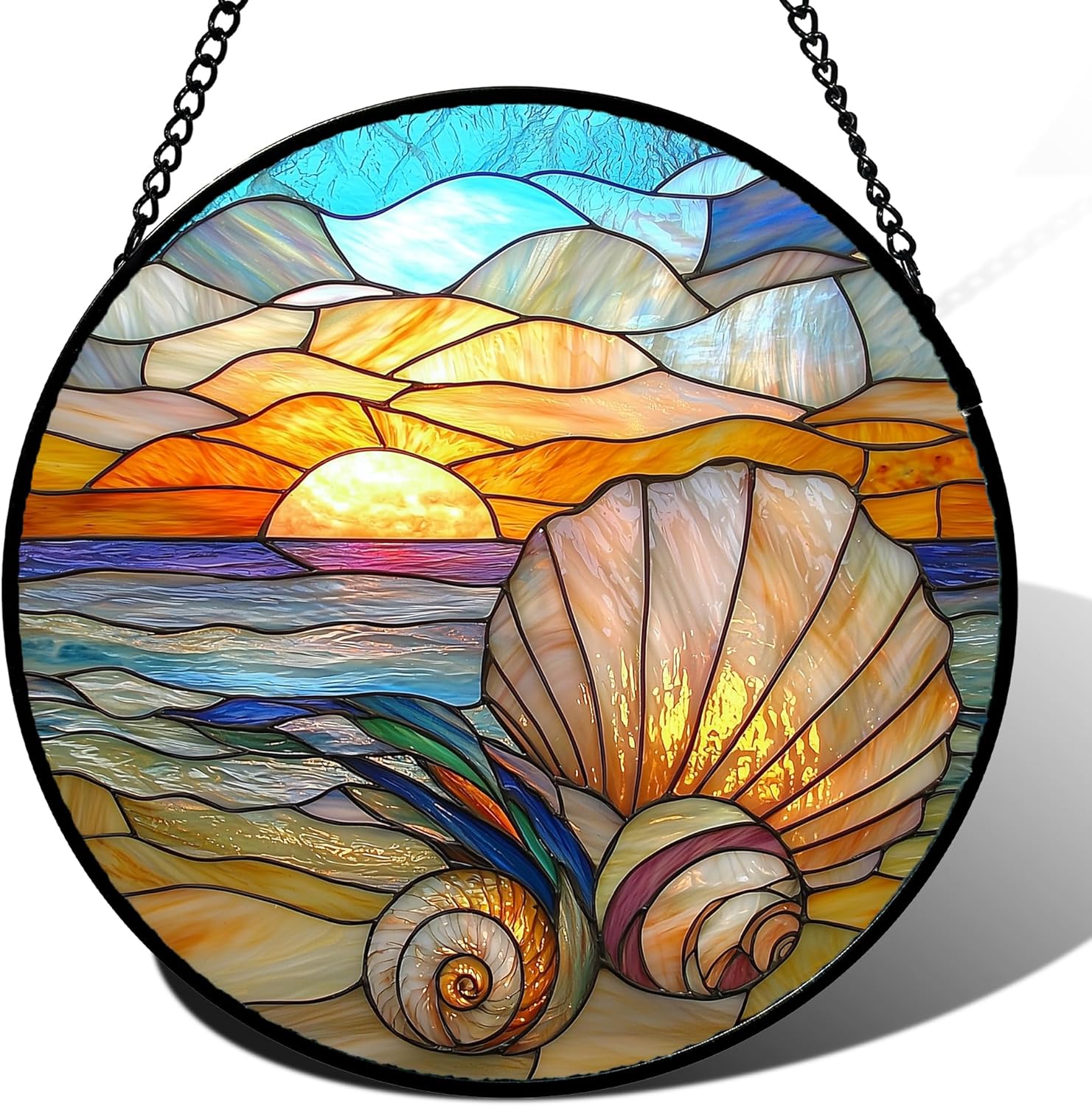 Colorful Beach Shells Stained Glass Window Hanging