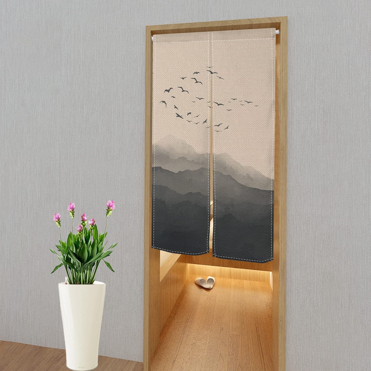 Leowefowa Traditional Japanese Noren Curtain with Mountains and Wild Goose Print