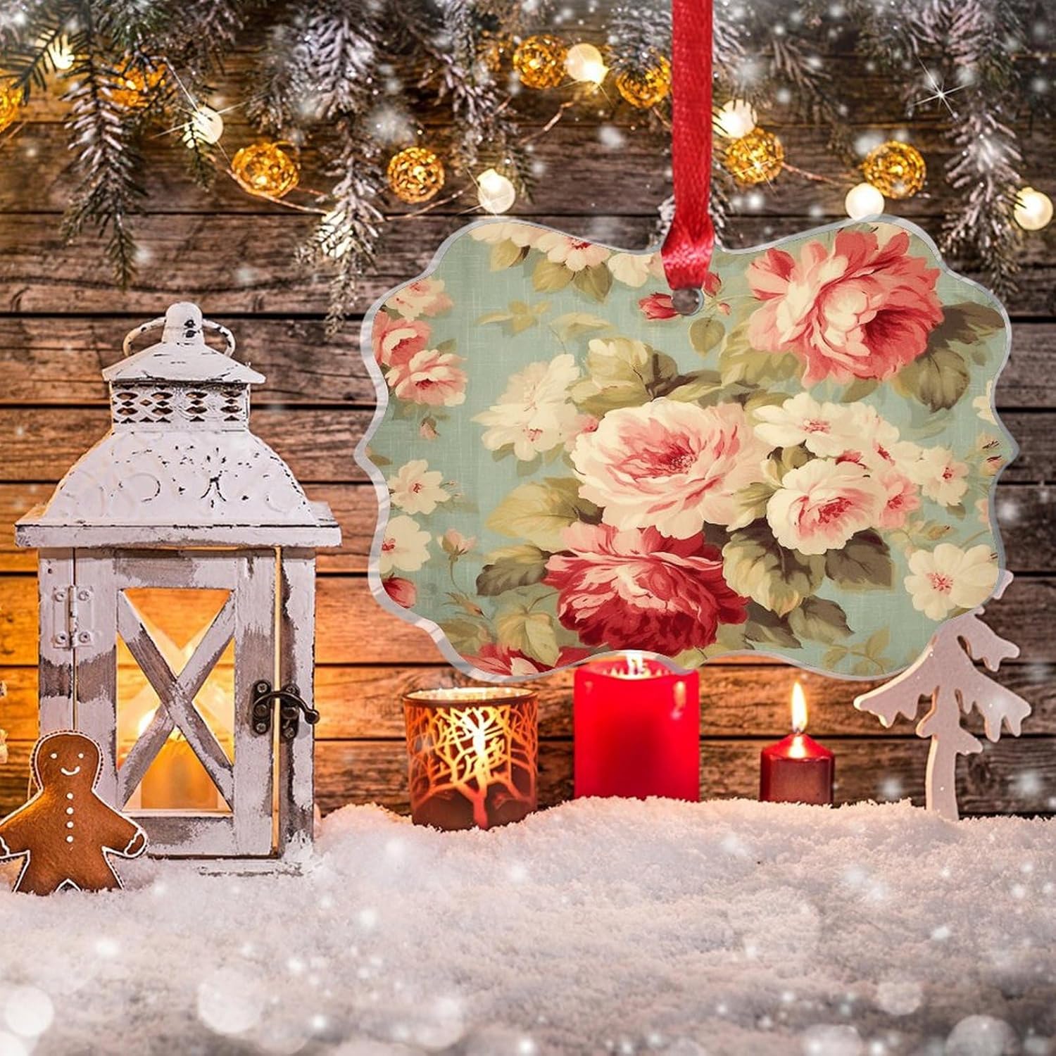 Clear Acrylic Christmas Ornament with Red Pink Roses