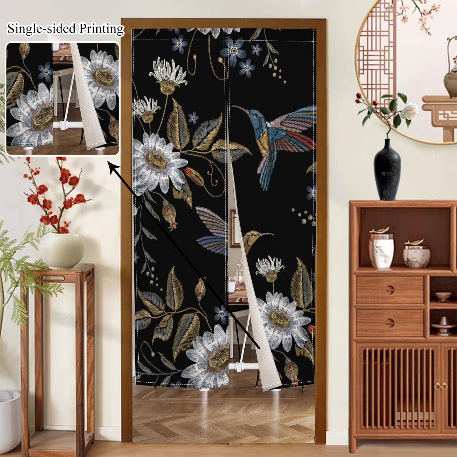 Japanese Noren Door Curtain with Blooming Flowers and Birds Pattern