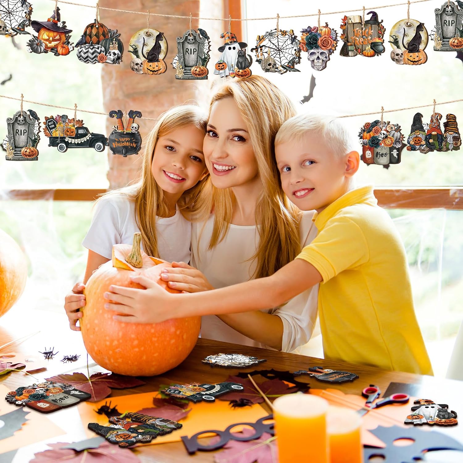 36 Pcs Halloween Wooden Ornaments with Ropes