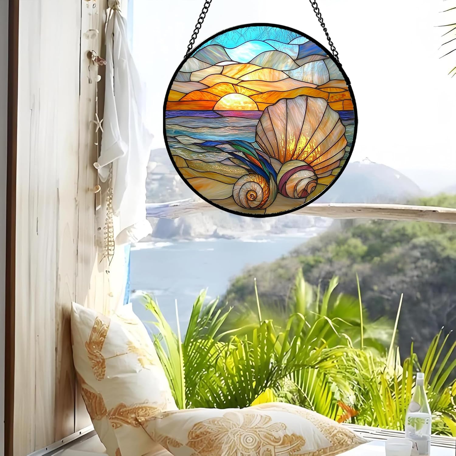 Colorful Beach Shells Stained Glass Window Hanging