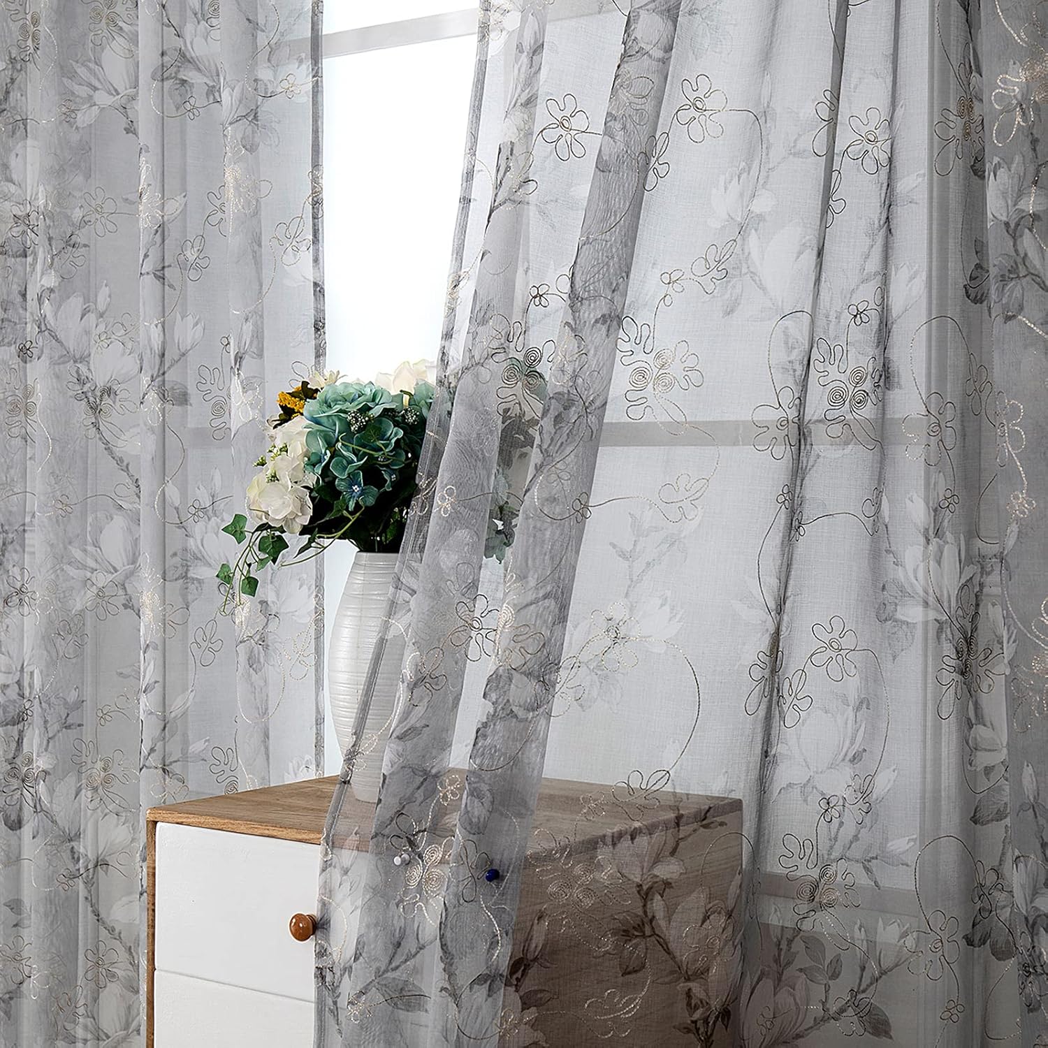 Tollpiz Floral Grey Sheer Curtains with Vine Embroidery