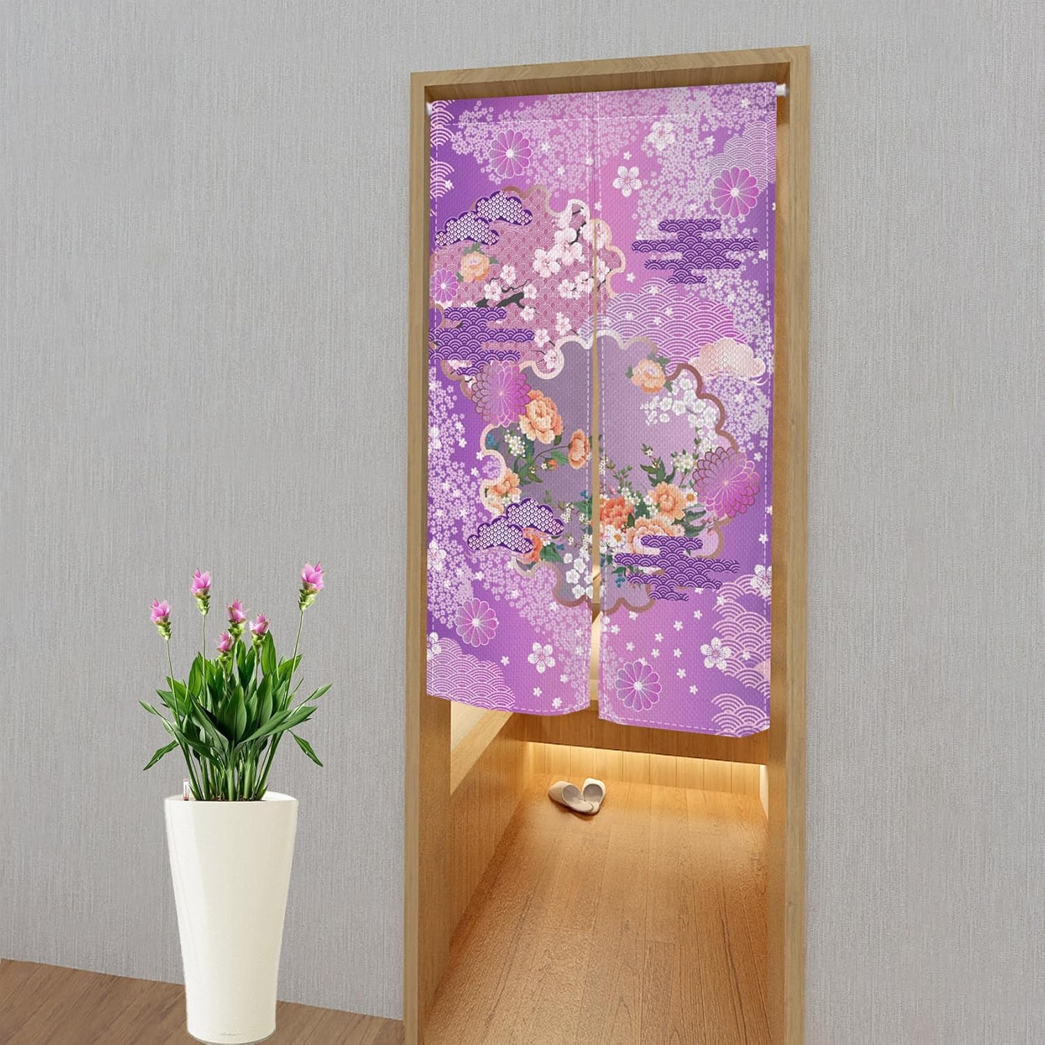Japanese Bloomy Flowers Wave Pattern Noren Curtain