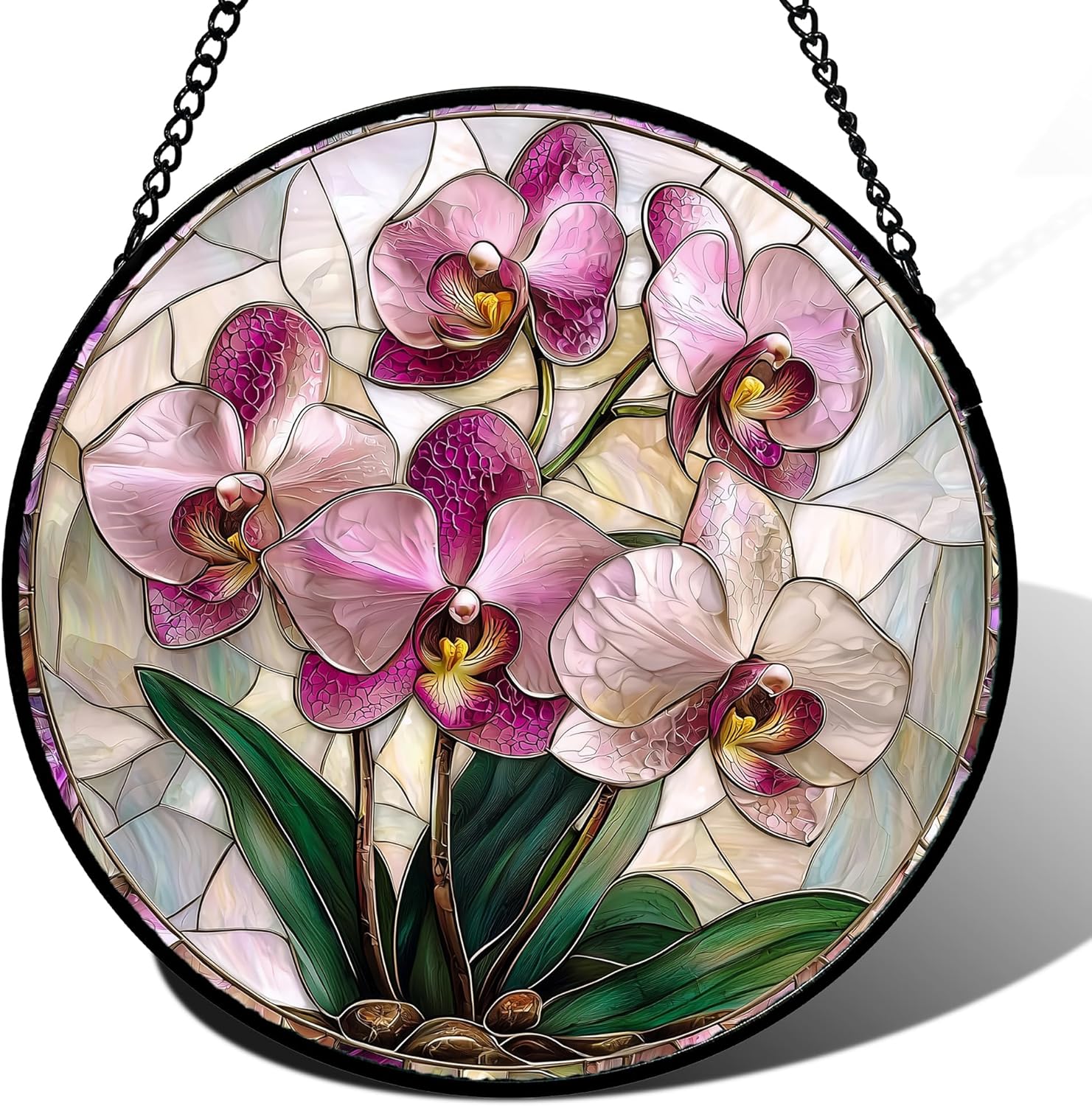 Stained Glass Window Hanging - 15 in Pink Purple Phalaenopsis Flowers