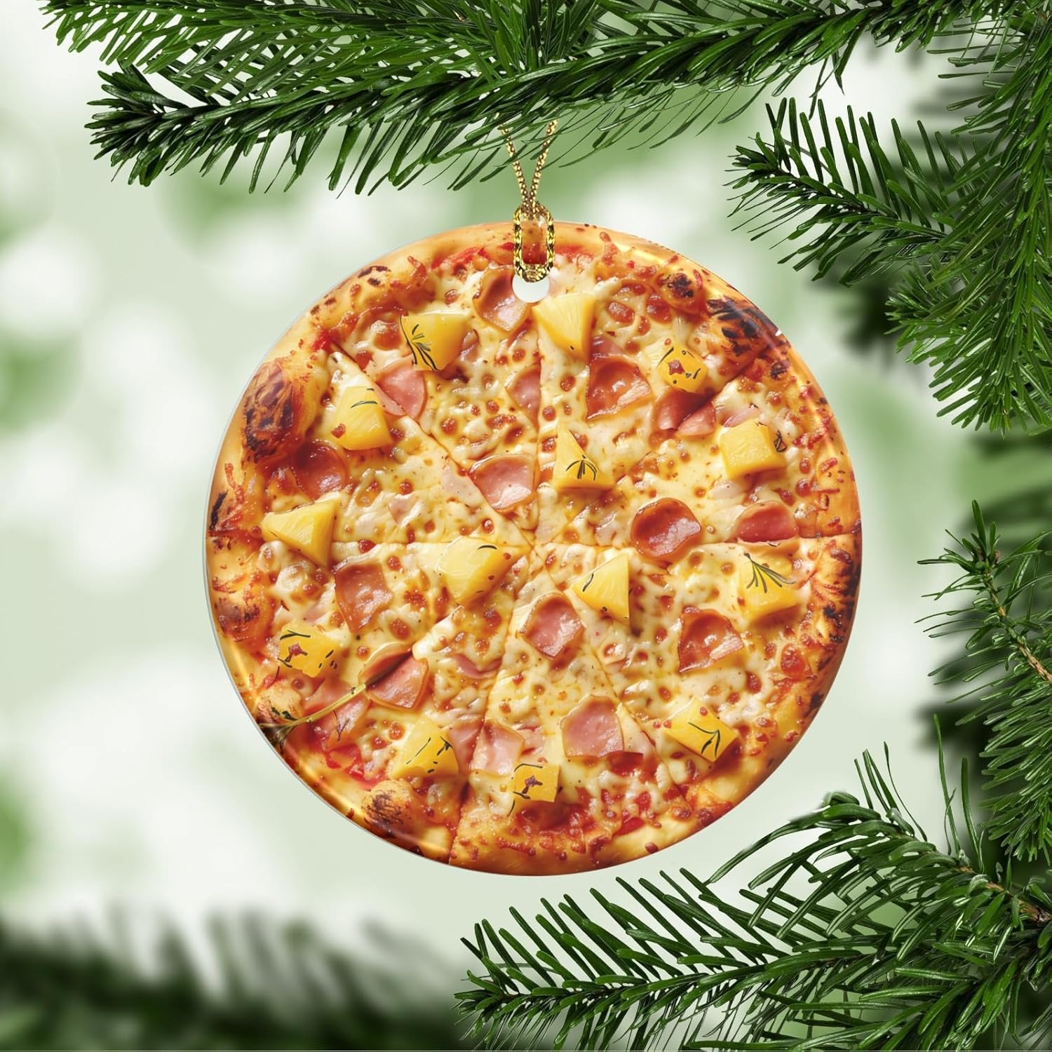 Generic Hawaiian Pizza with Pineapple and Ham Ceramic Christmas Ornaments 3 Inch Hanging