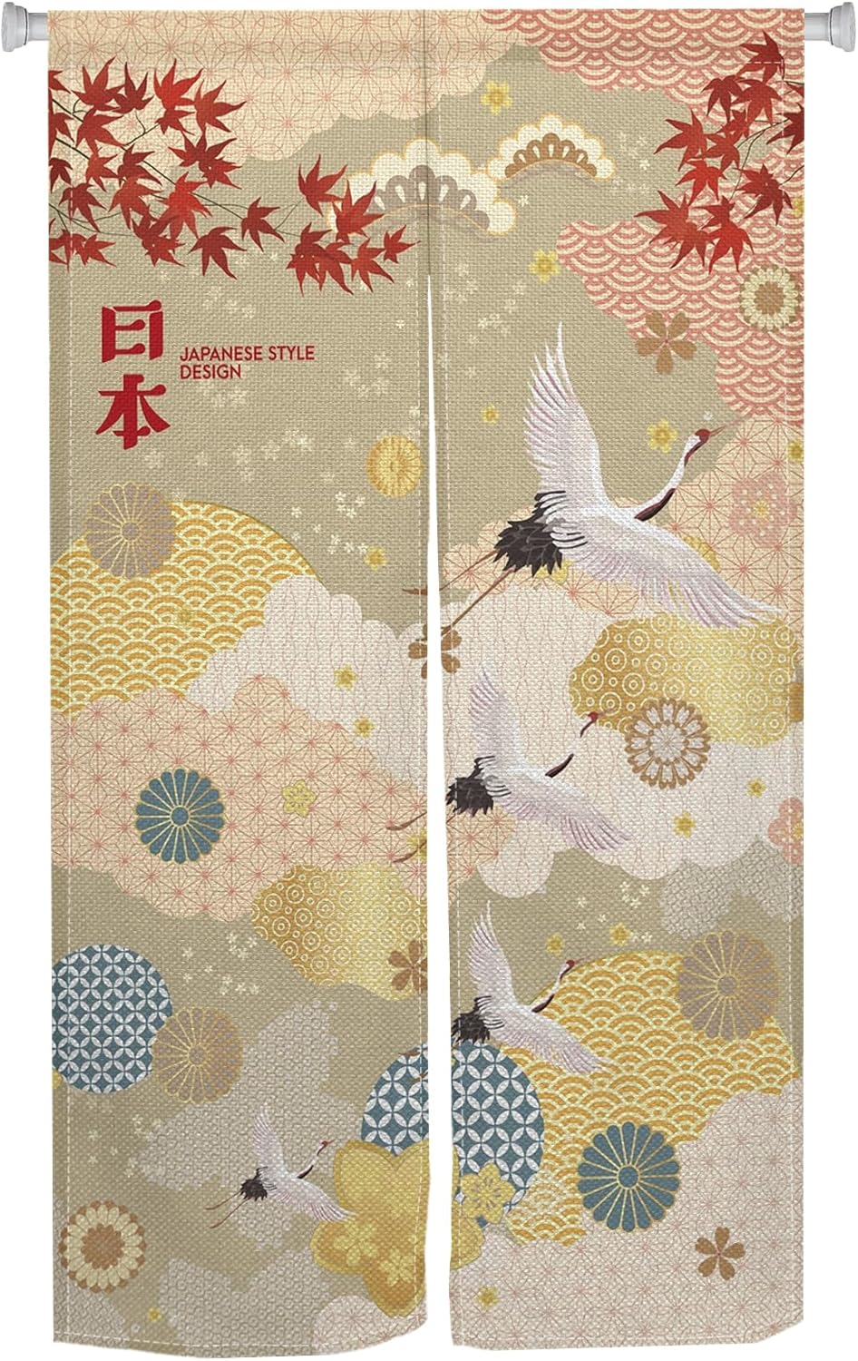 Japanese Style Noren Door Curtain with Maple Leaf and Crane Designs