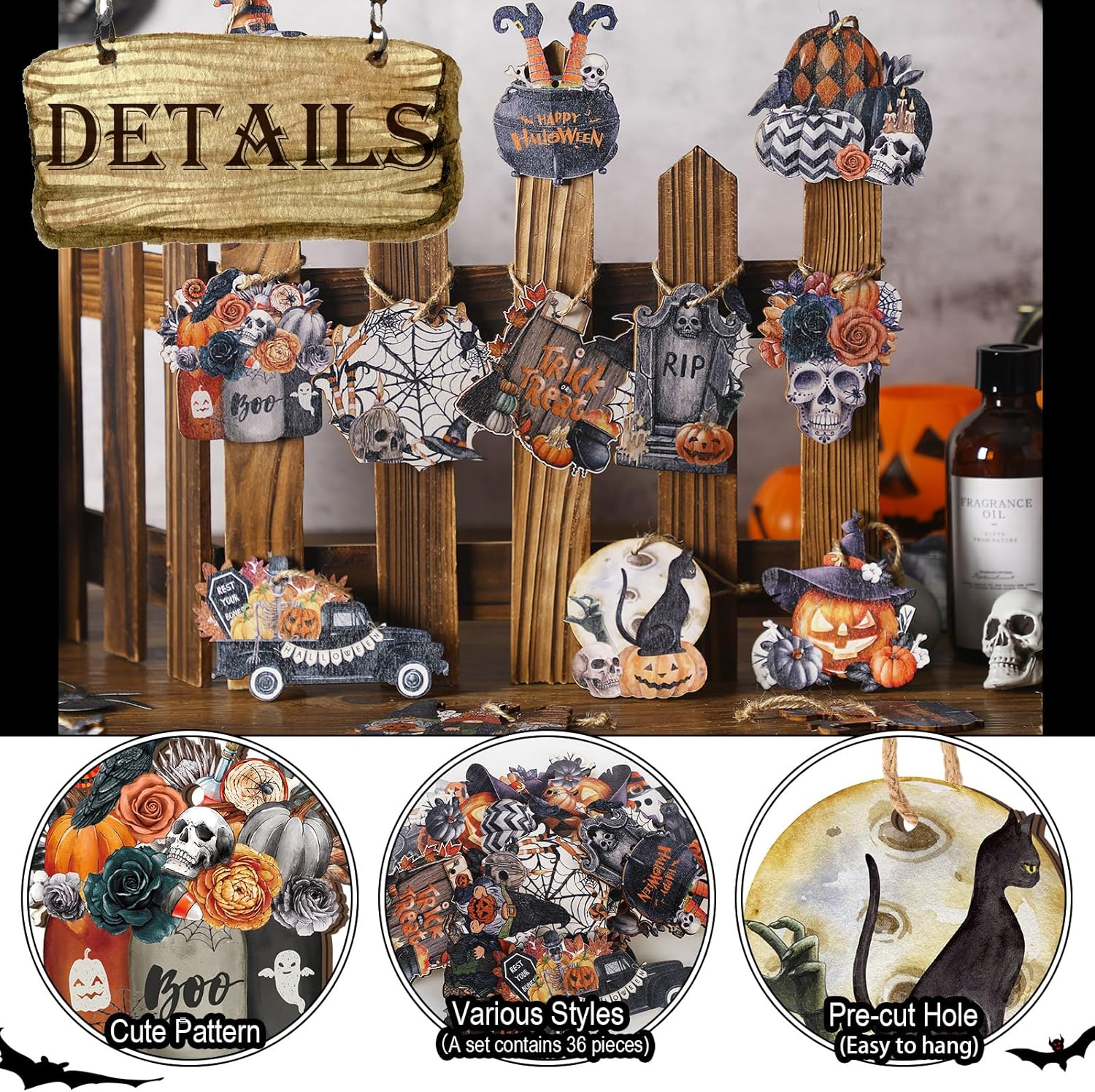 36 Pcs Halloween Wooden Ornaments with Ropes