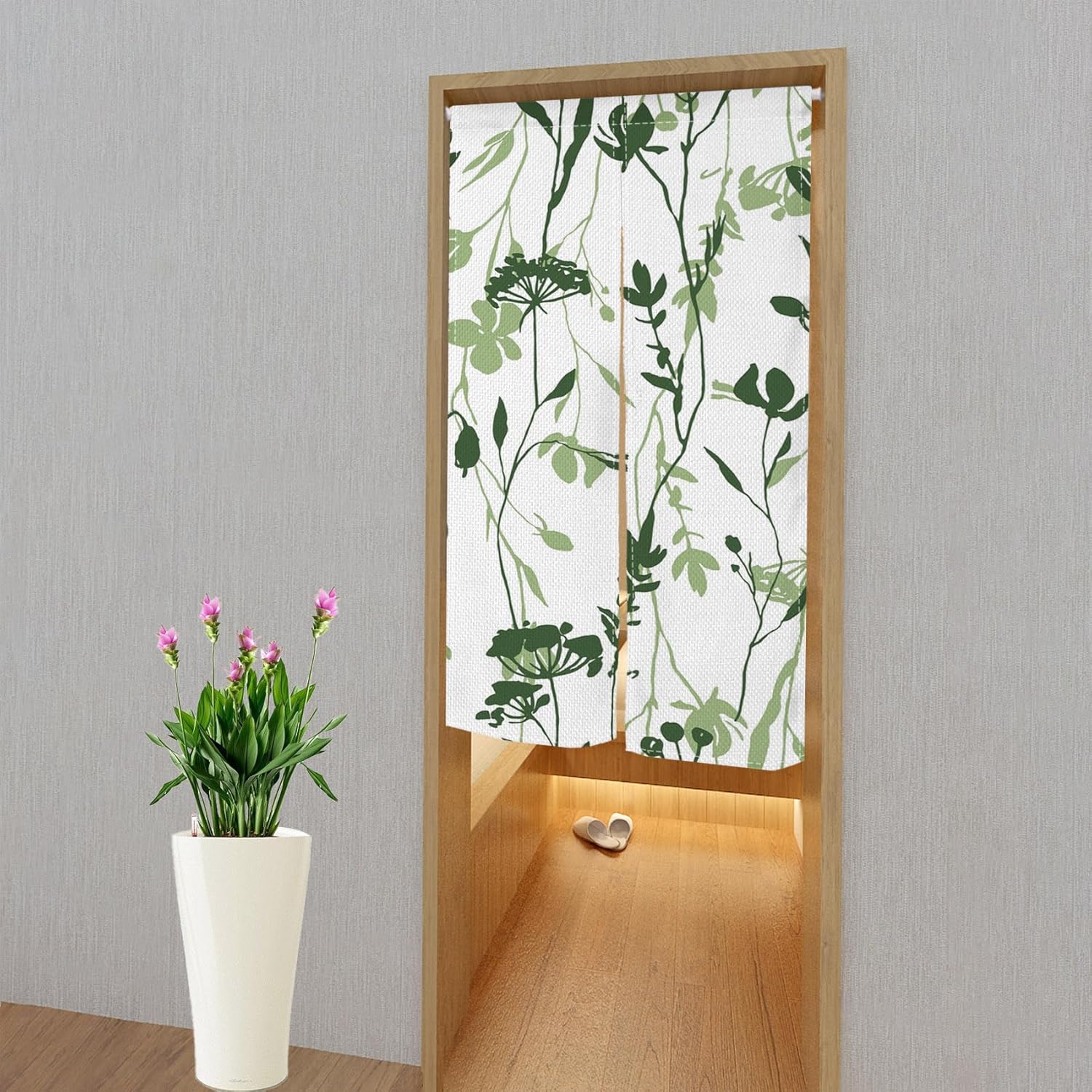 Japanese Style Door Curtain with Green Plants Print