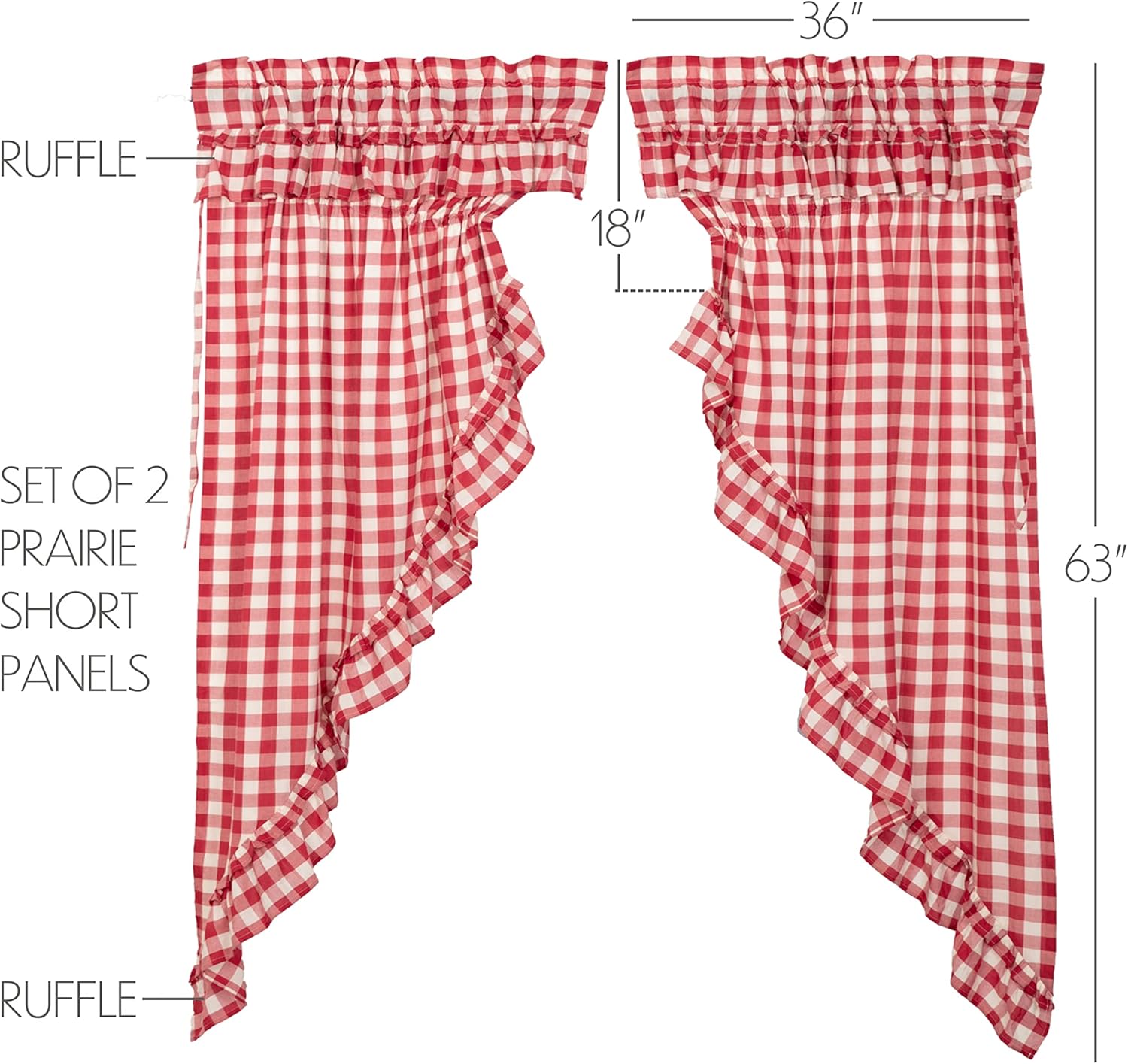 VHC Brands Red Buffalo Check Curtains with Drawstring and Ruffles