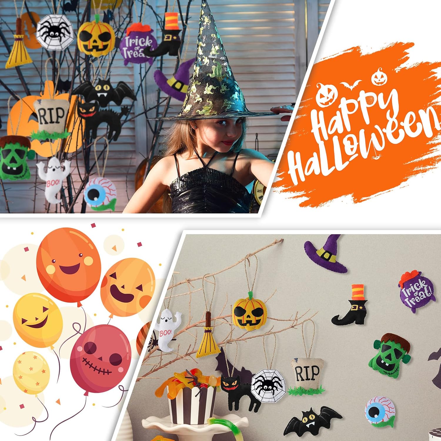 12 Halloween Tree Ornaments - 3D Felt Decorations