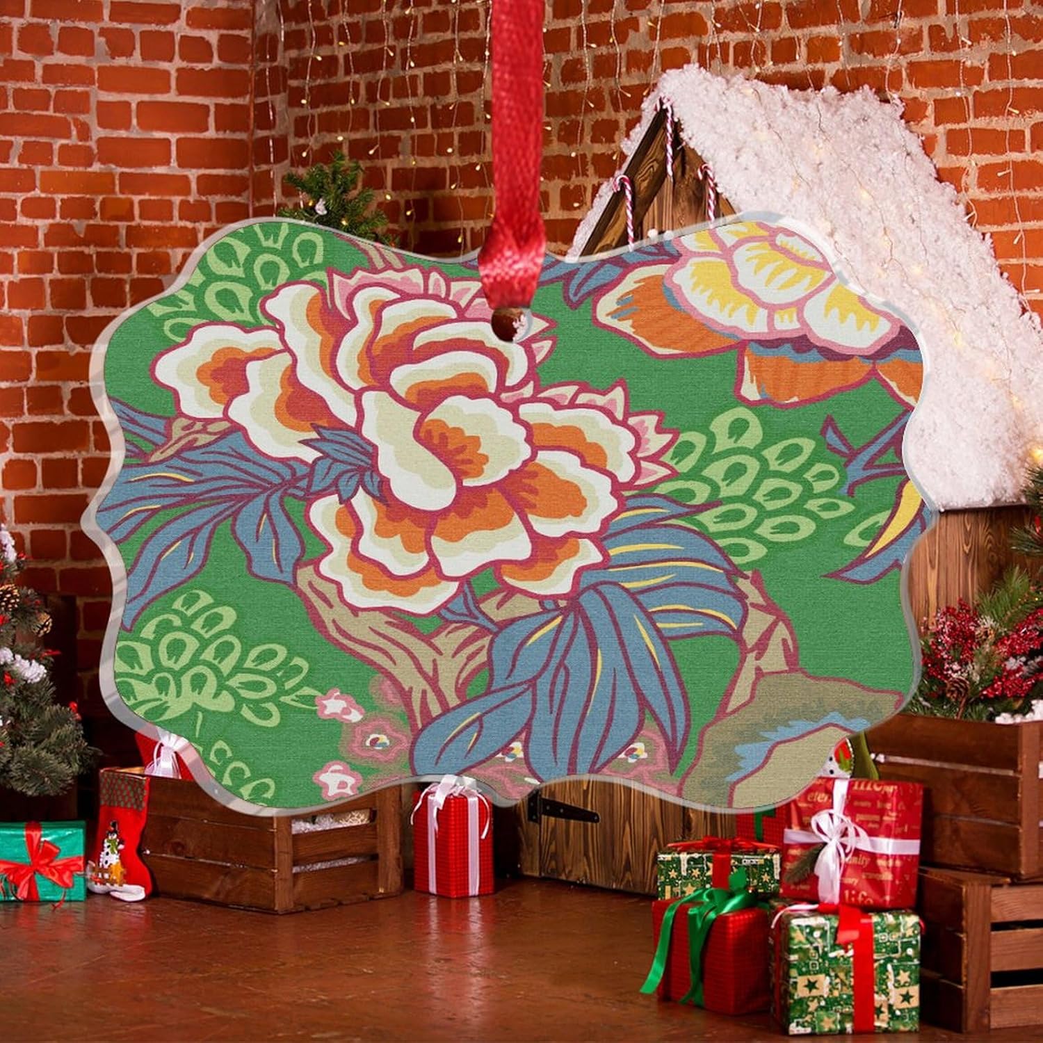 Clear Acrylic Emerald Green Chinoiserie Floral Ornament