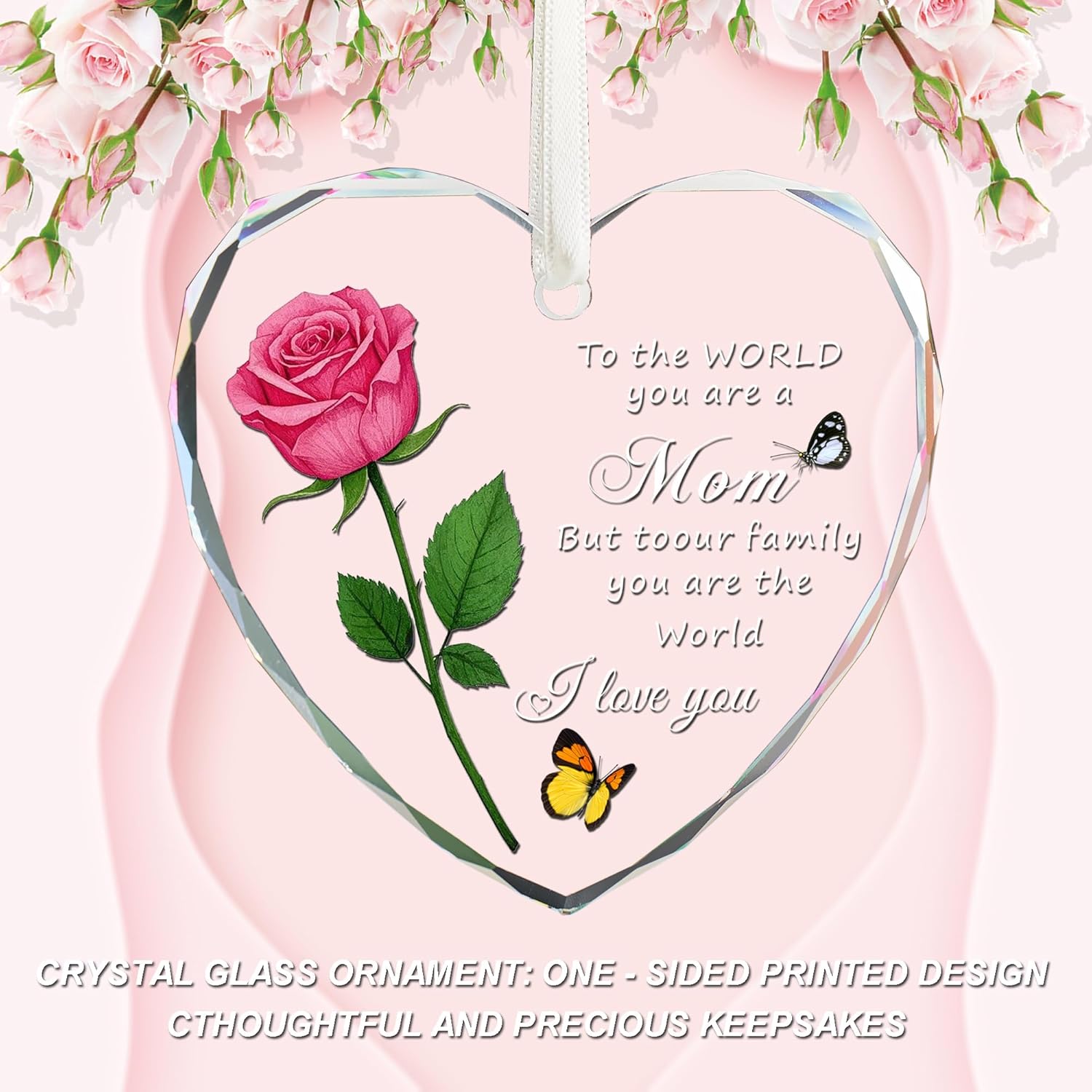 Heart Shaped Glass Christmas Ornament for Mom Pink Rose Design
