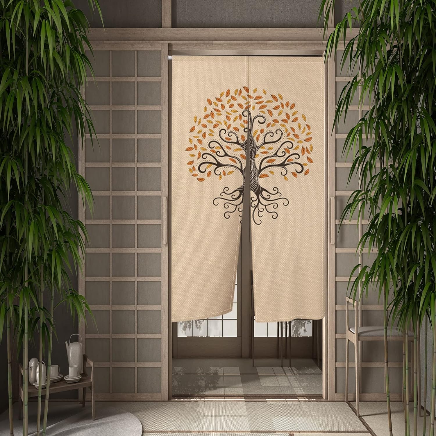 Leowefowa Japanese Noren Curtain Abstract Tree Design