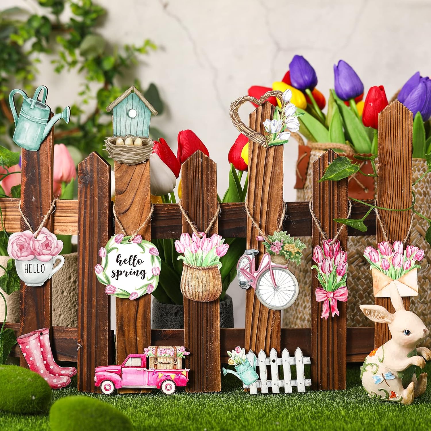 Maitys 36 Pcs Pastel Wooden Flower Hanging Decorations