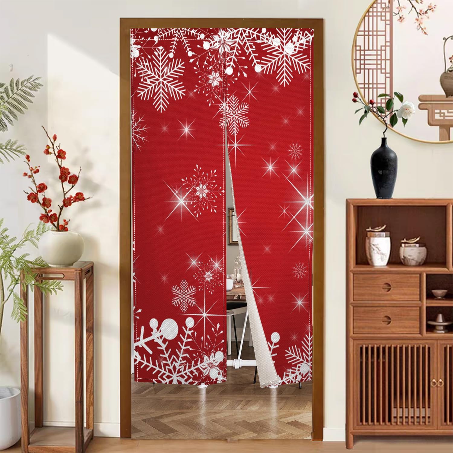 Japanese Noren Door Curtain with Christmas Red and Snowflake Pattern
