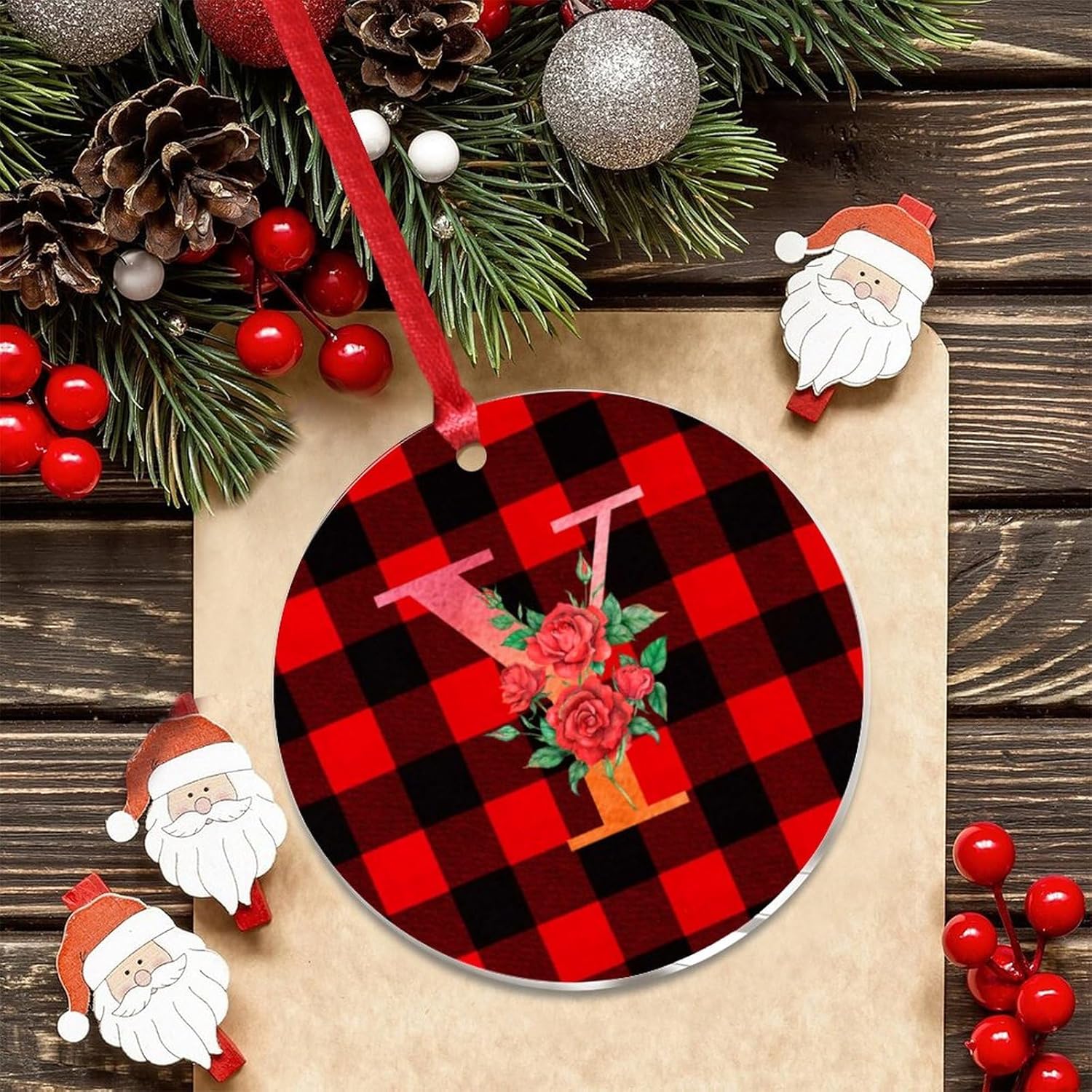 3 Clear Acrylic Christmas Ornament with Red Ribbon Y Initial