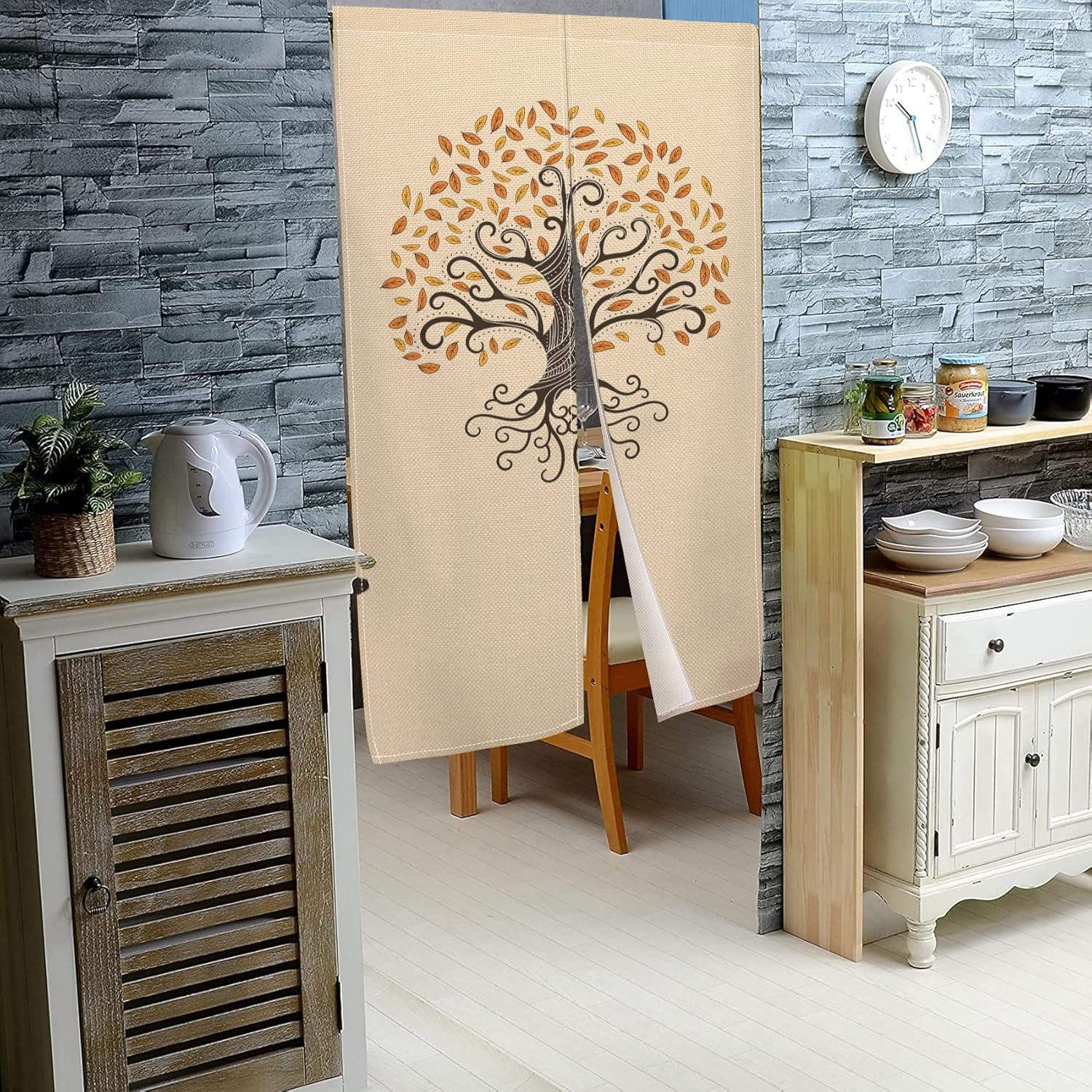 Leowefowa Japanese Noren Curtain Abstract Tree Design