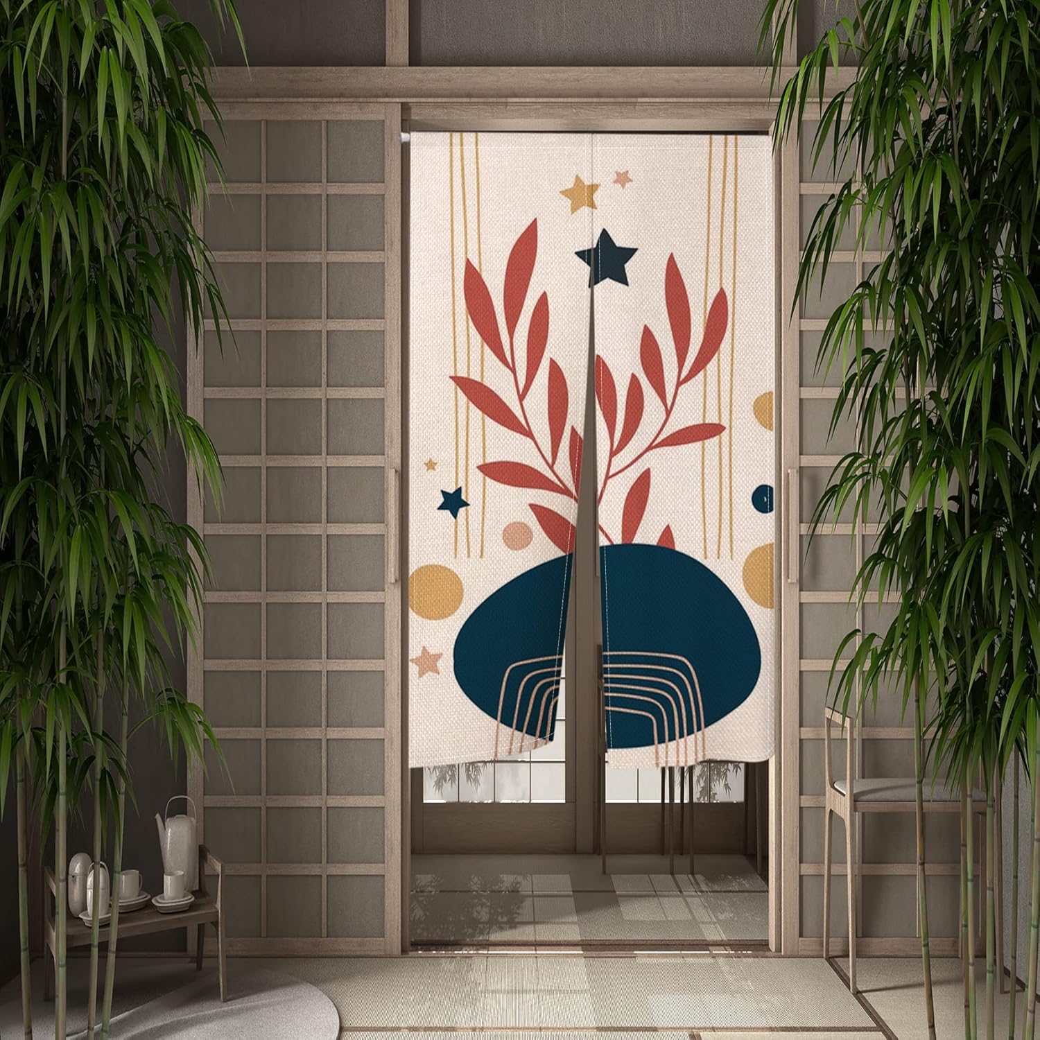 Leowefowa Traditional Japanese Noren Curtain with Mountains and Wild Goose Print 1