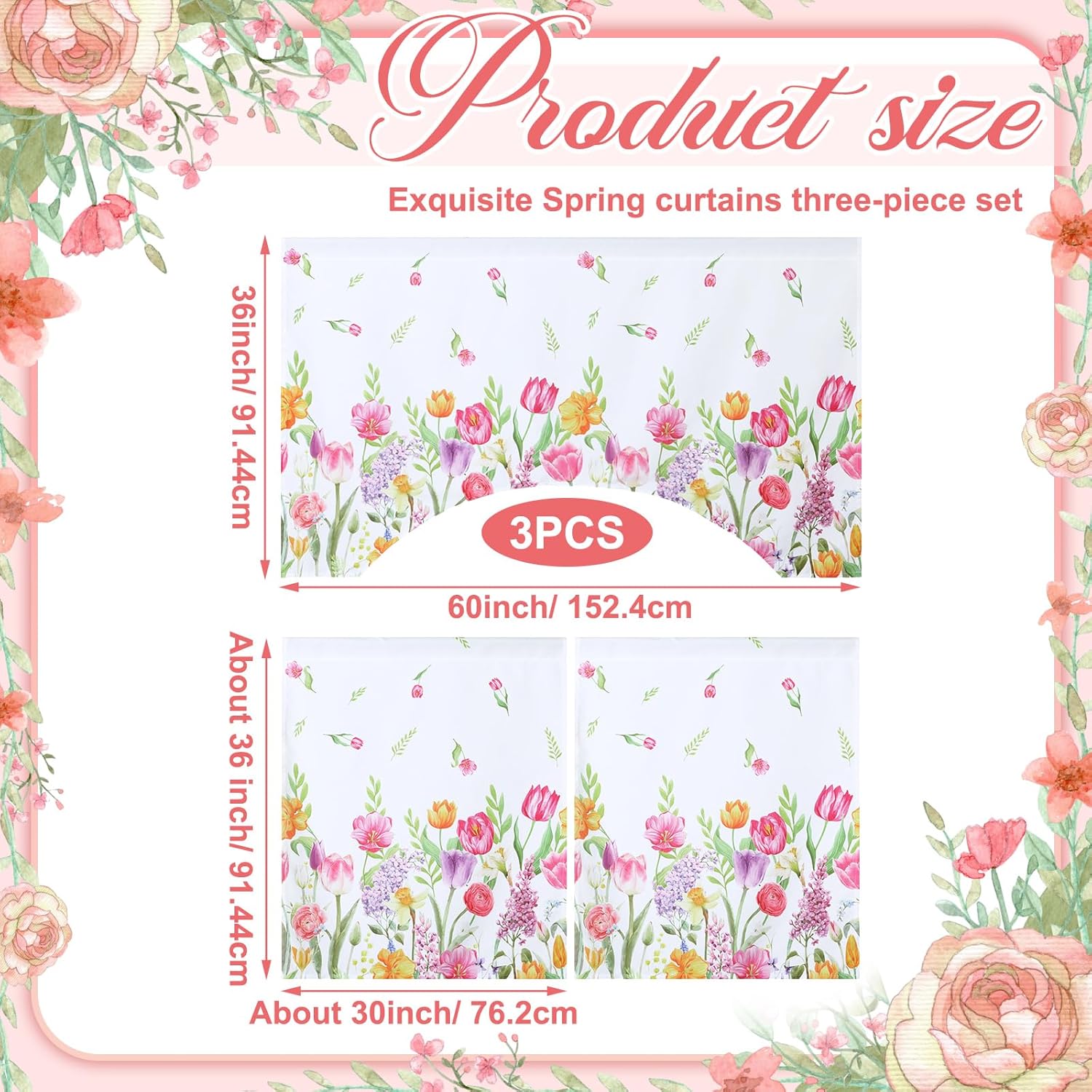 Ganeen 3 Pcs Summer Tulip Kitchen Curtain Set with Valance