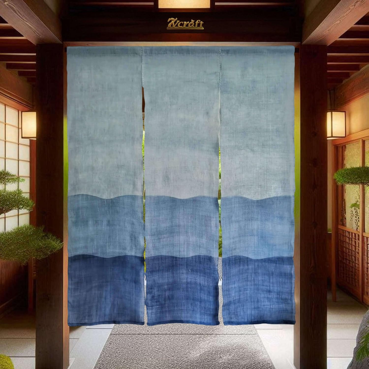 Handwoven Japanese Noren Curtain 3 Panels Blue Waves