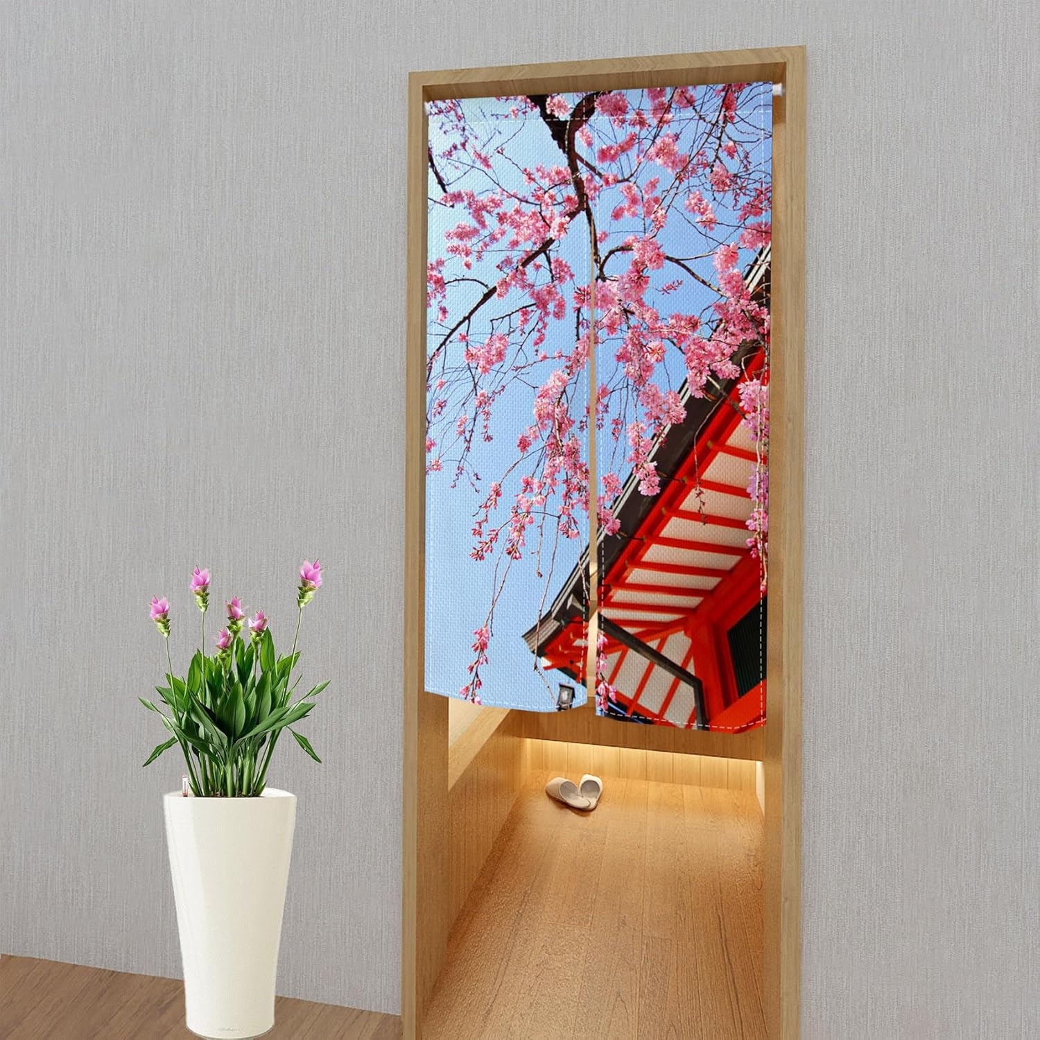 Leowefowa Japanese Noren Door Curtain Panel Spring Pink Cherry Blossom