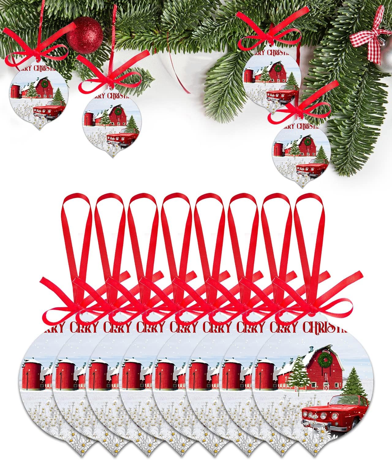 ZOE GARDEN Red Christmas Farm Truck Ornament Set 8 Pcs