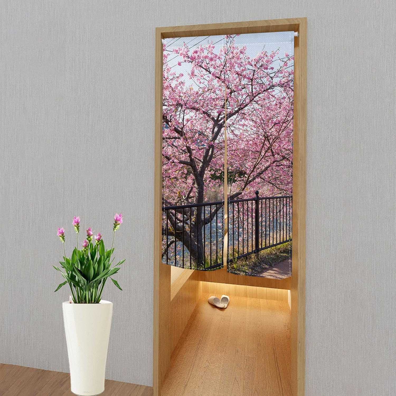 Leowefowa Japanese Noren Curtain Spring Pink Cherry Blossom Long