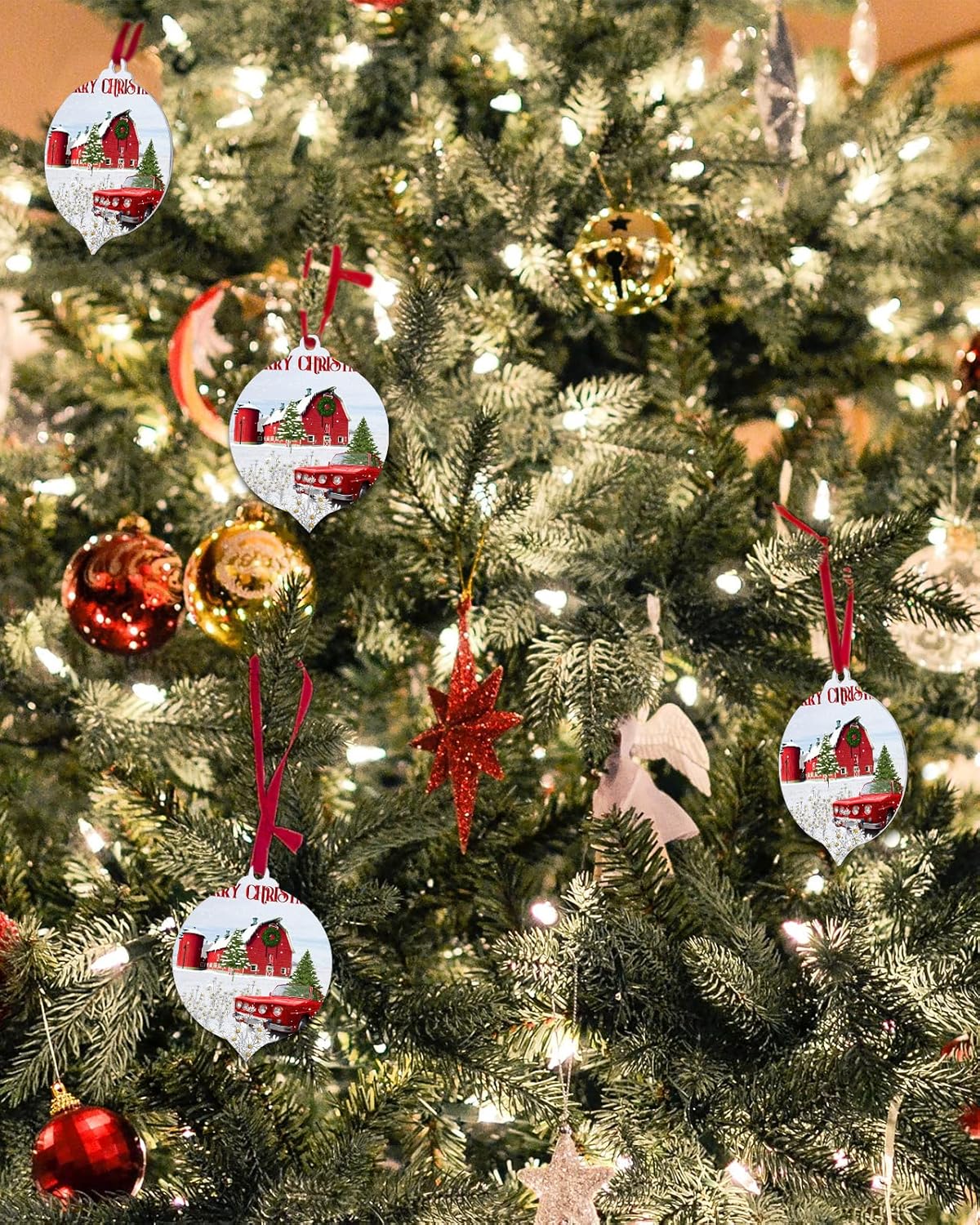 ZOE GARDEN Red Christmas Farm Truck Ornament Set 8 Pcs
