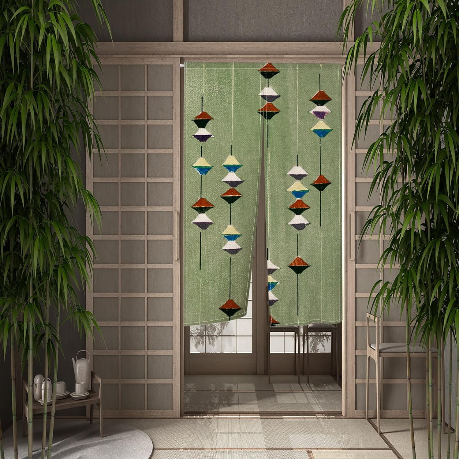 Leowefowa Noren Door Curtain Green Geometry Panel