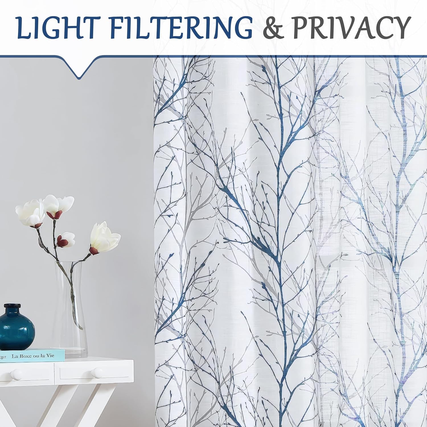 FMFUNCTEX Blue White Branch Tree Print Curtain Panel