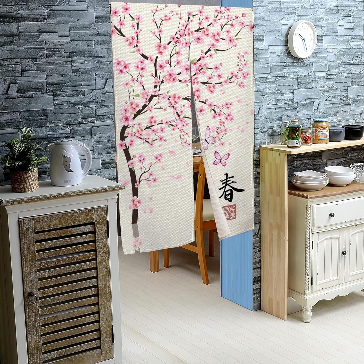 Leowefowa Japanese Noren Door Curtain Pink Cherry Blossom Design