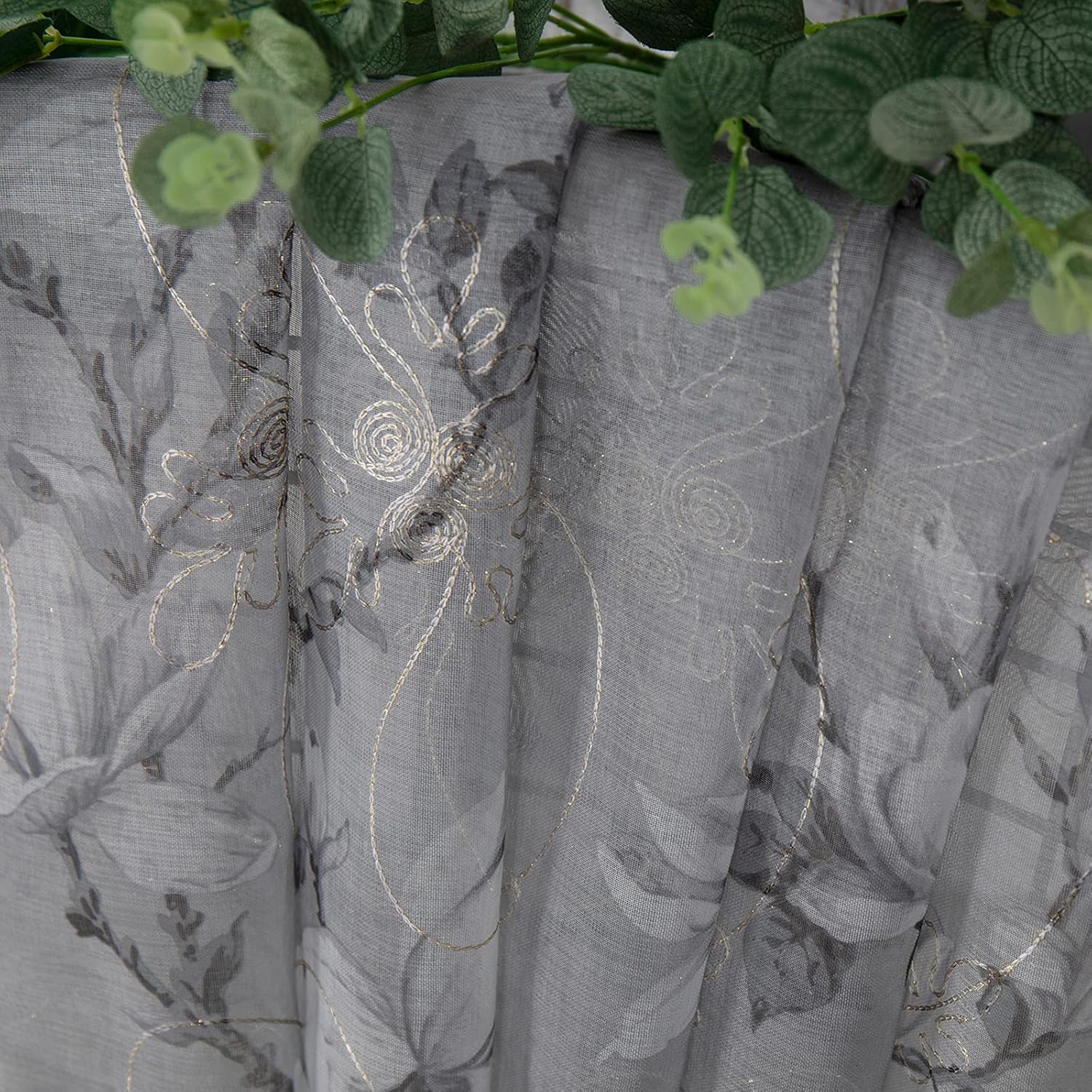 Tollpiz Floral Grey Sheer Curtains with Vine Embroidery