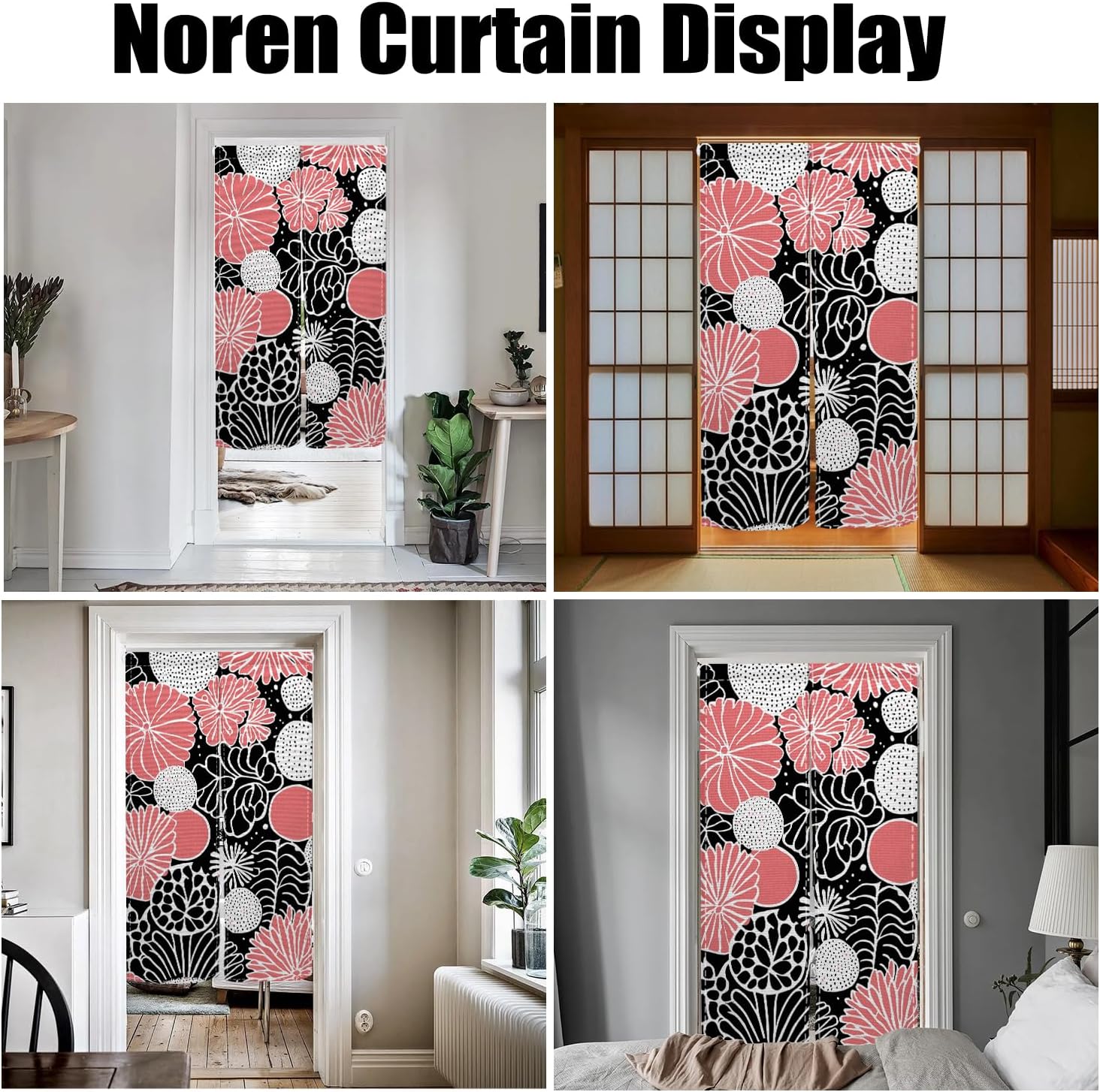 Traditional Japanese Noren Door Curtain Black Pink Flowers 283x472