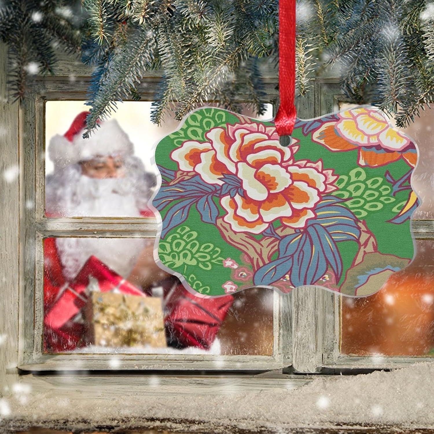 Clear Acrylic Emerald Green Chinoiserie Floral Ornament
