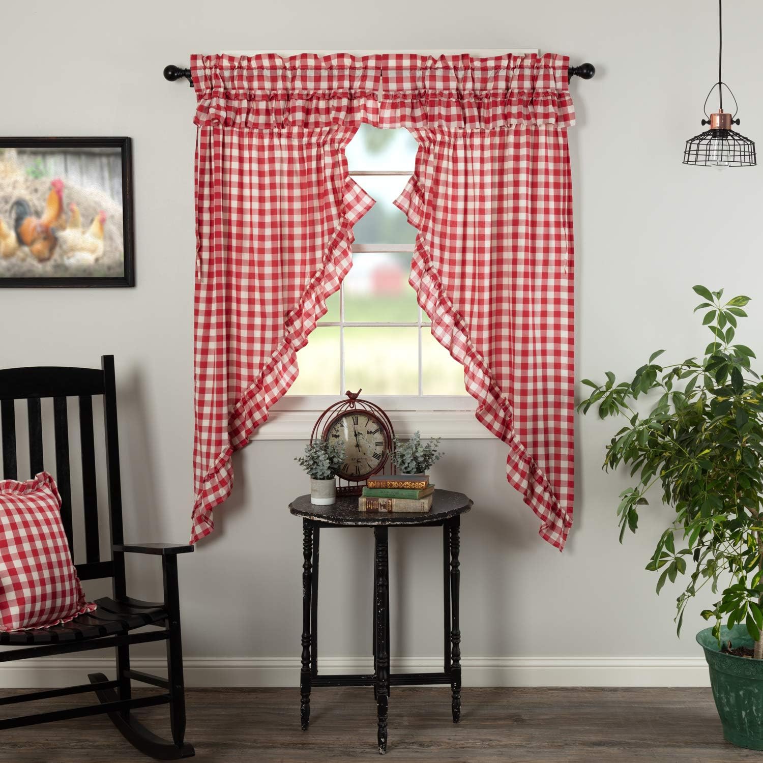 VHC Brands Red Buffalo Check Curtains with Drawstring and Ruffles