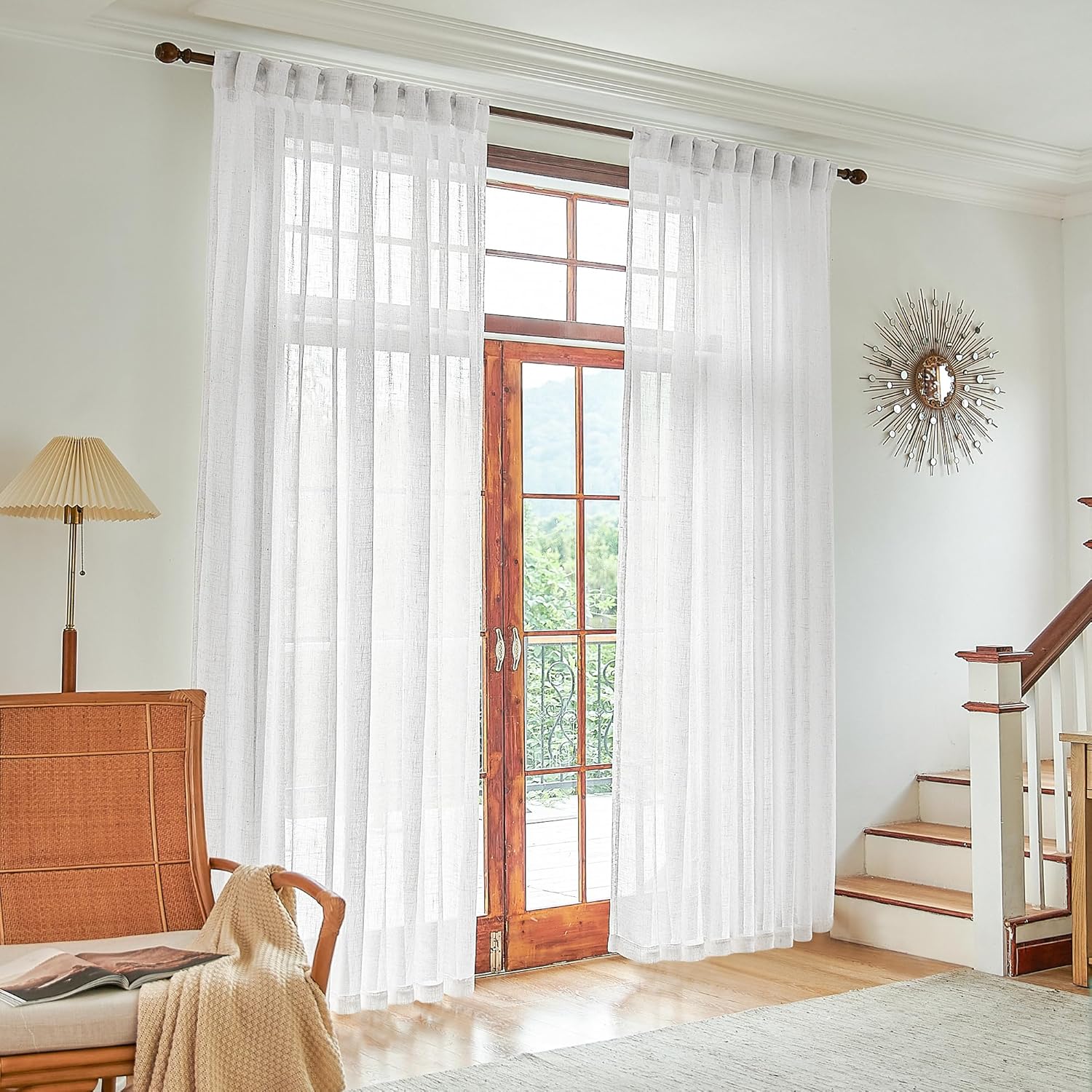 DUALIFE White Linen Sheer Curtains 84x96 for Wide Windows