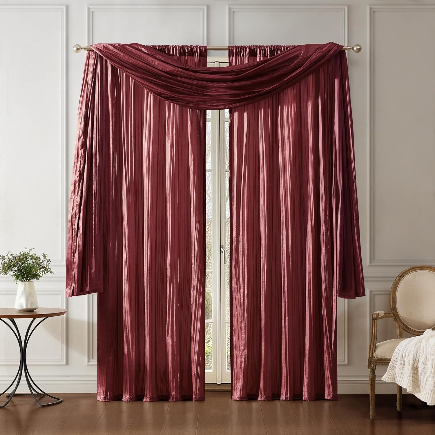 Elrene Home Fashions Athena Faux Crushed-Silk Curtain Panel and Valance Set Red