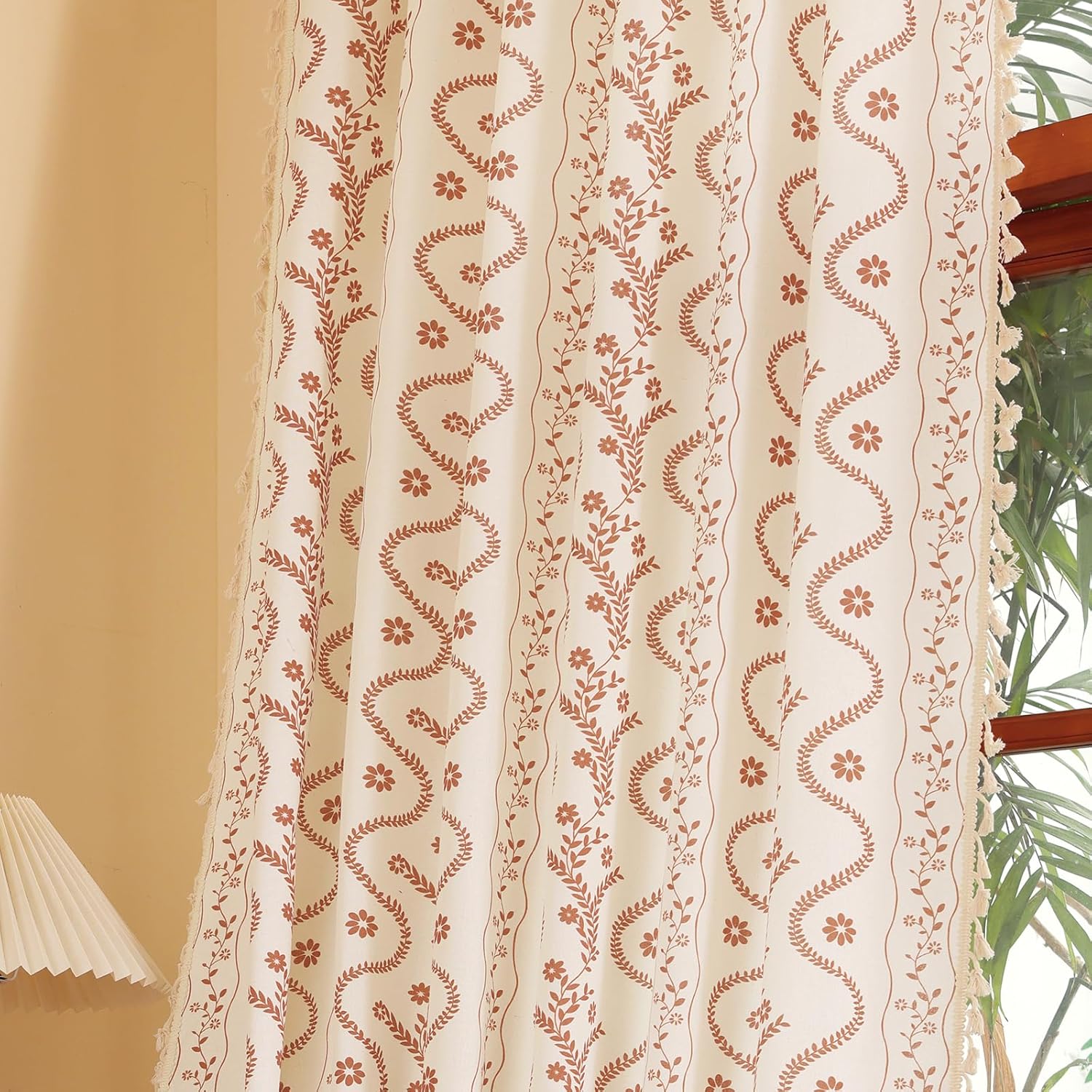 Linen Boho Curtains with Tassels and Floral Pattern