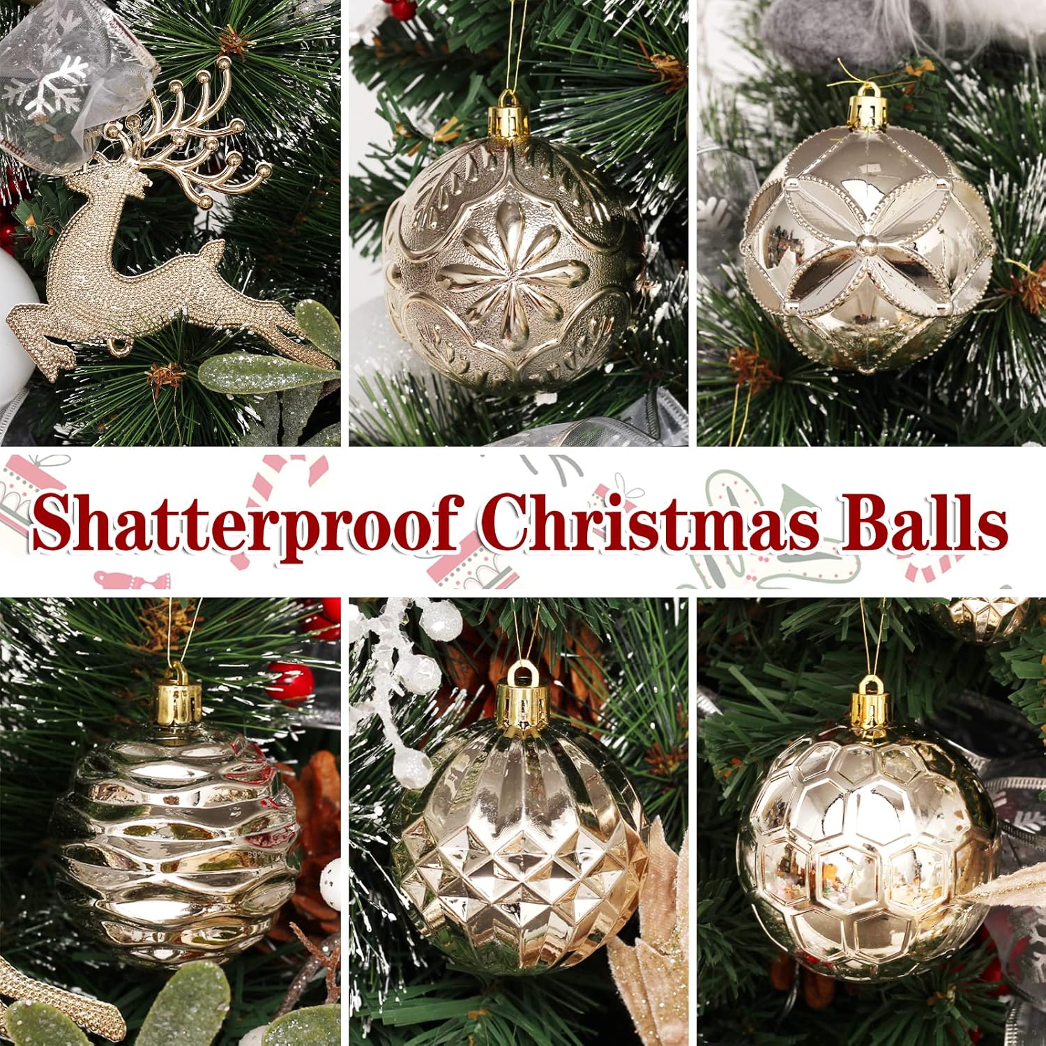 Christmas Tree Ornaments Set 50ct Shatterproof Champagne and White Balls