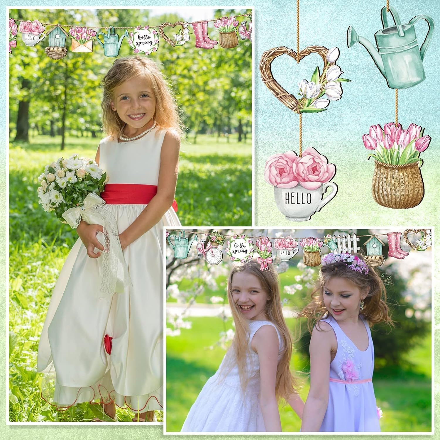 24 Pcs Spring Floral Wooden Ornaments with Rope