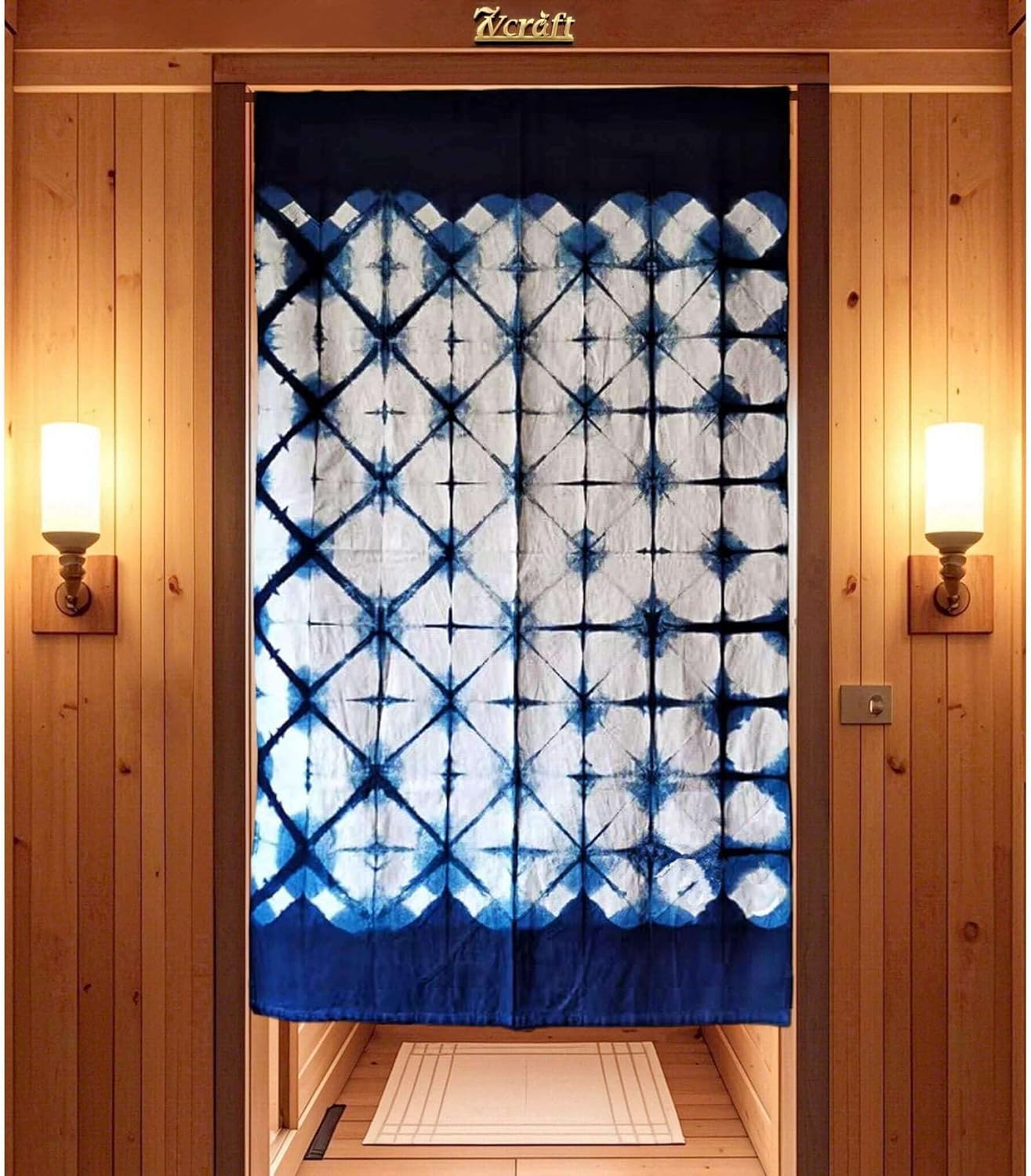 Hand Dyed Shibori Noren Curtain Panels - Geometric Indigo Design 335x59in